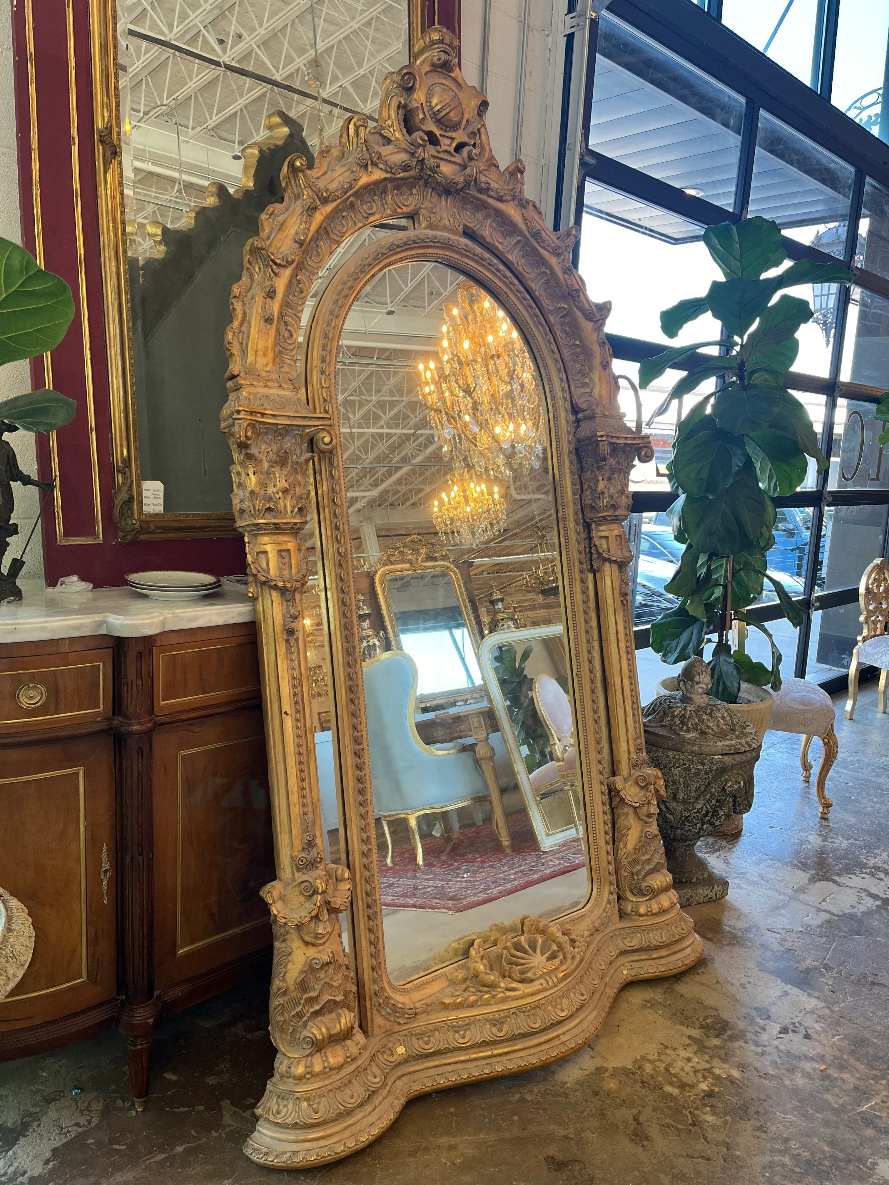 1800s French Arched Full Length Empire Mirror - Image 2