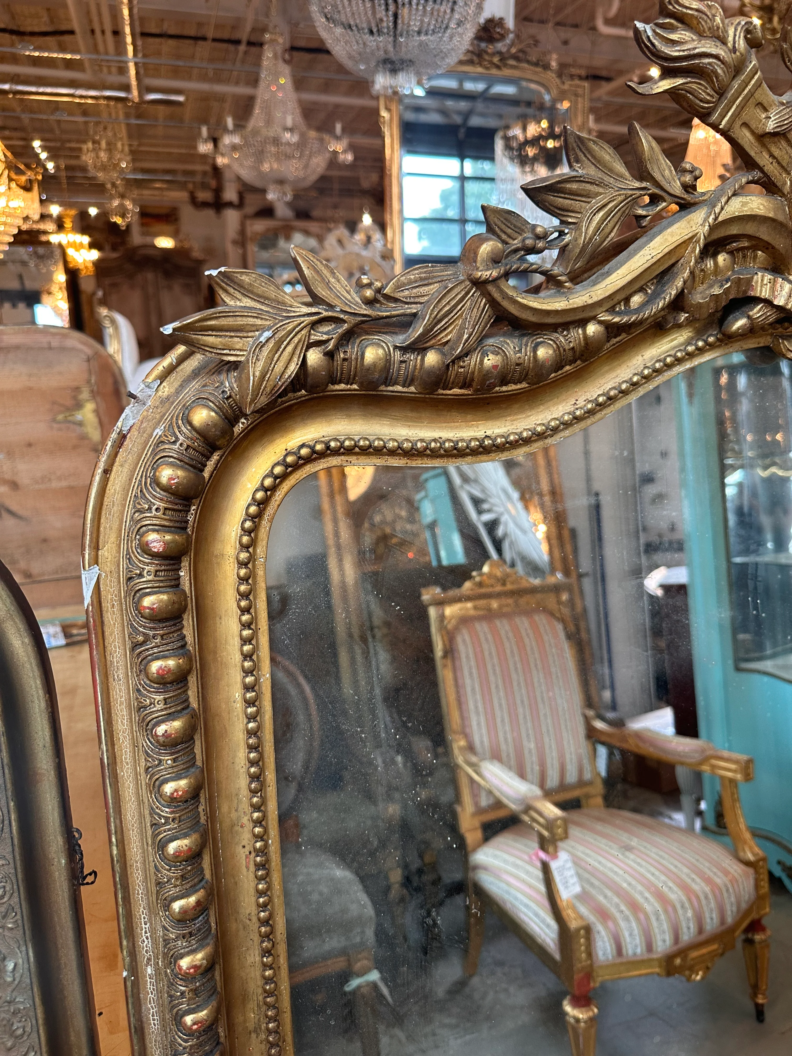 18th Century French Mirror with Leaf & Beaded Carving - Image 2