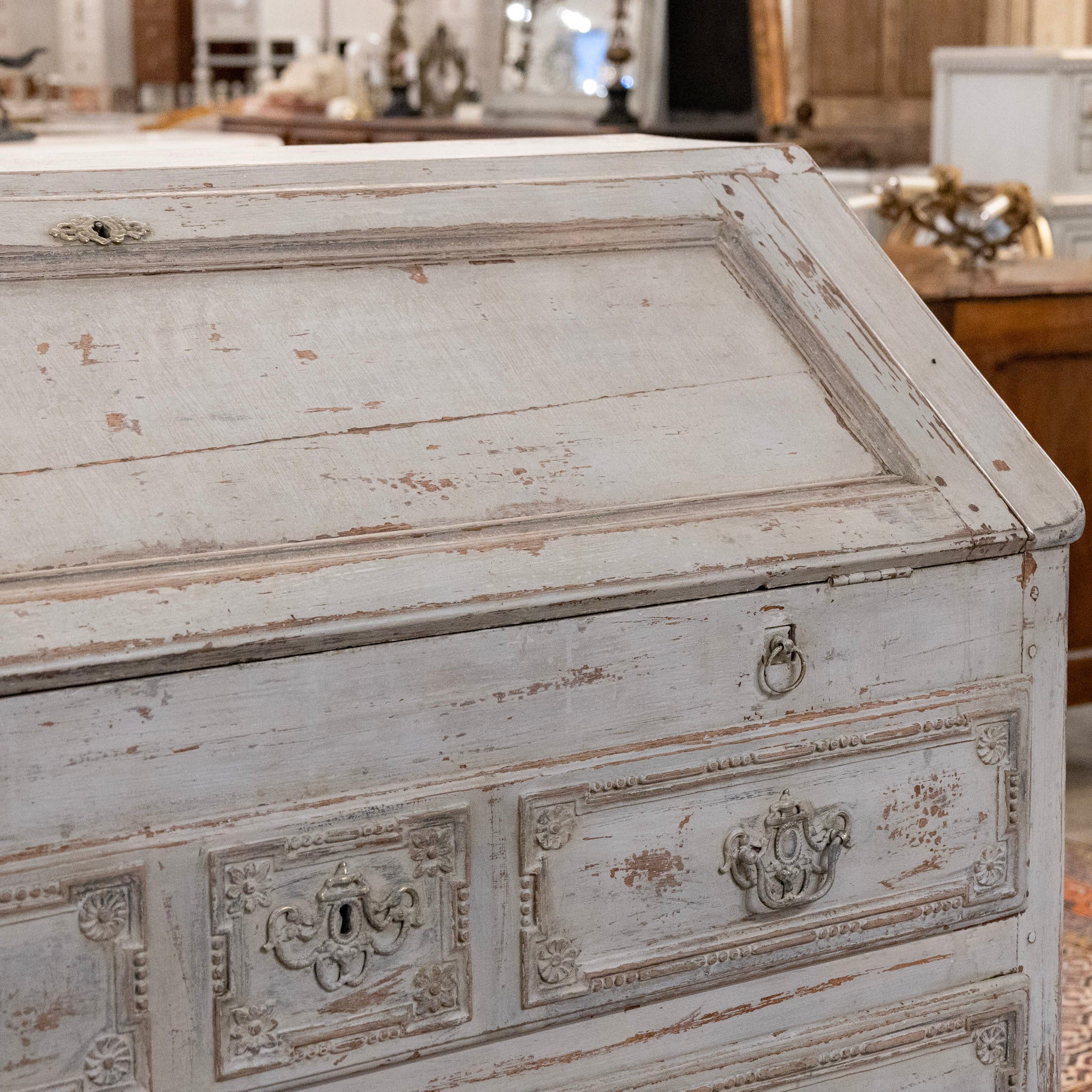 18th Century Gustavian Secretary Desk in Grey Painted Finish with Carved Detailing - Image 11