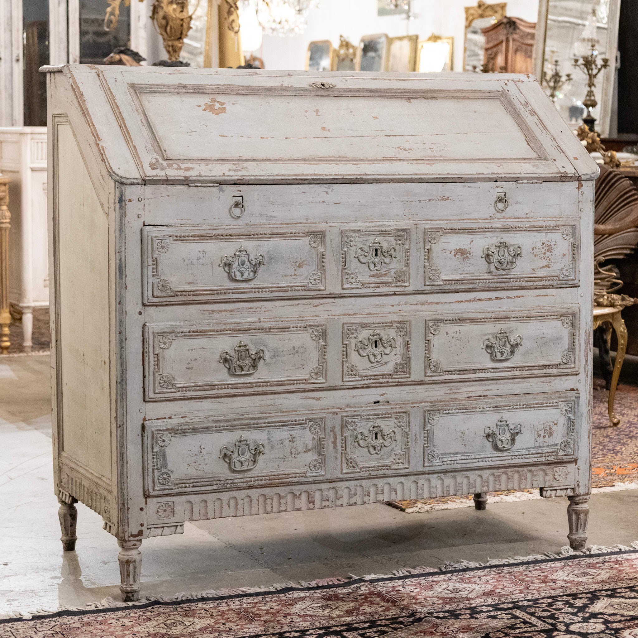 18th Century Gustavian Secretary Desk in Grey Painted Finish with Carved Detailing - Image 3