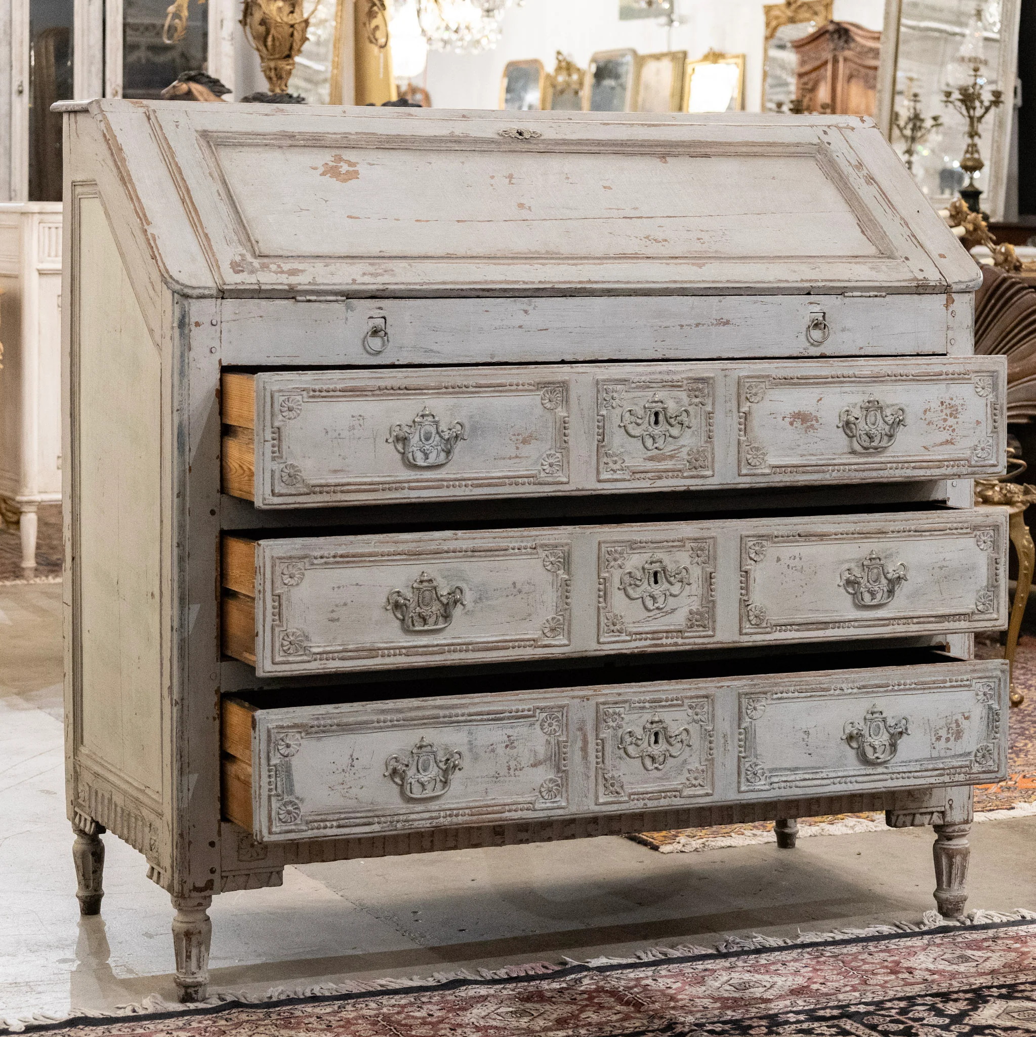 18th Century Gustavian Secretary Desk in Grey Painted Finish with Carved Detailing - Image 4