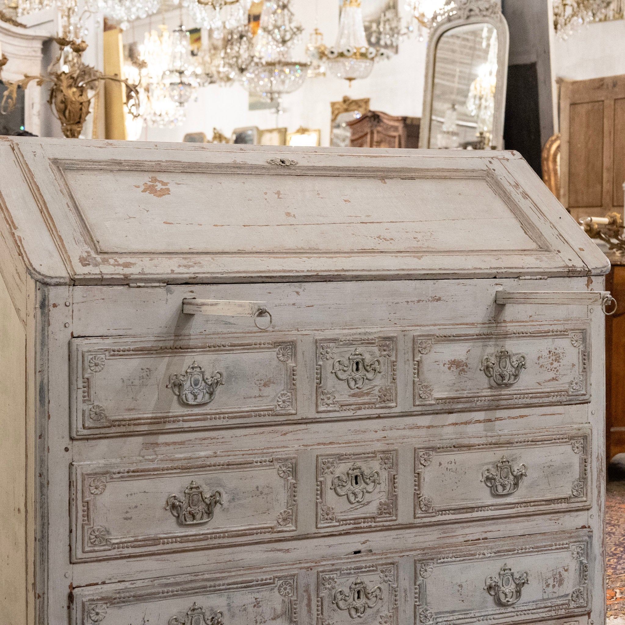 18th Century Gustavian Secretary Desk in Grey Painted Finish with Carved Detailing - Image 5