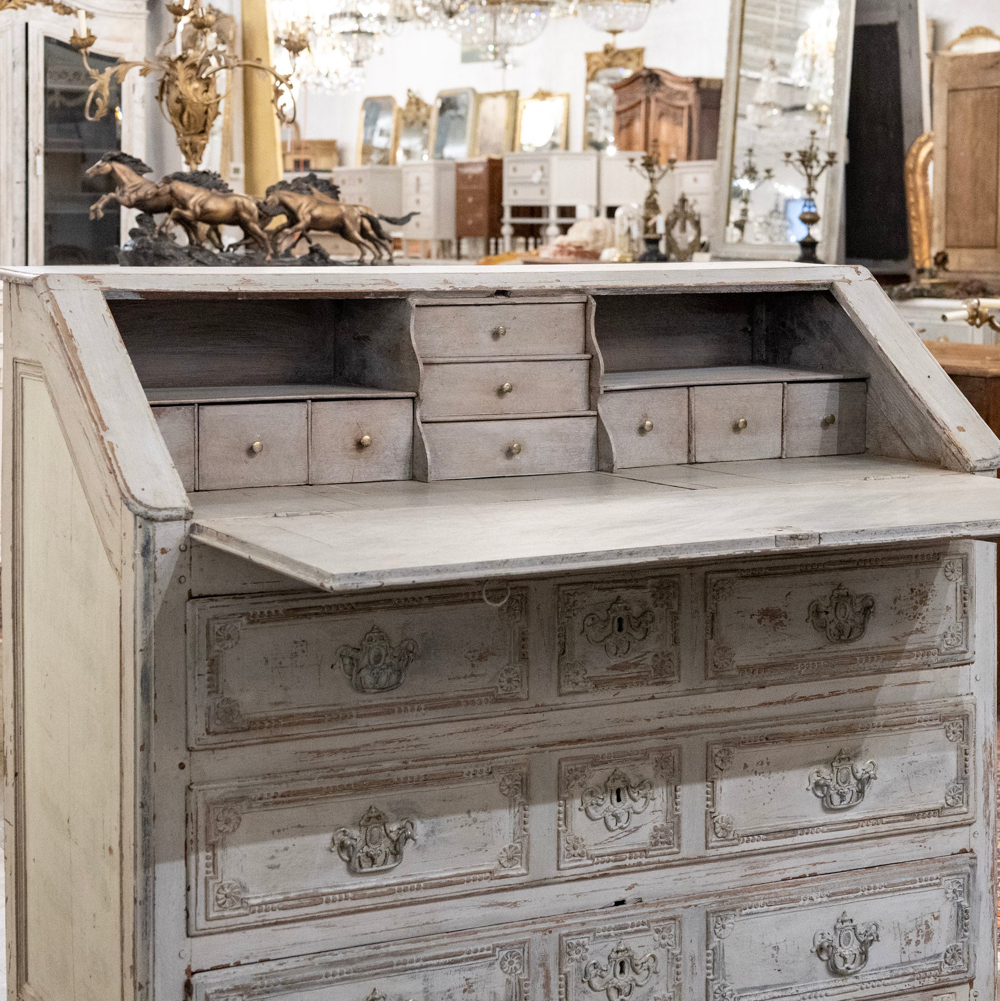 18th Century Gustavian Secretary Desk in Grey Painted Finish with Carved Detailing - Image 6
