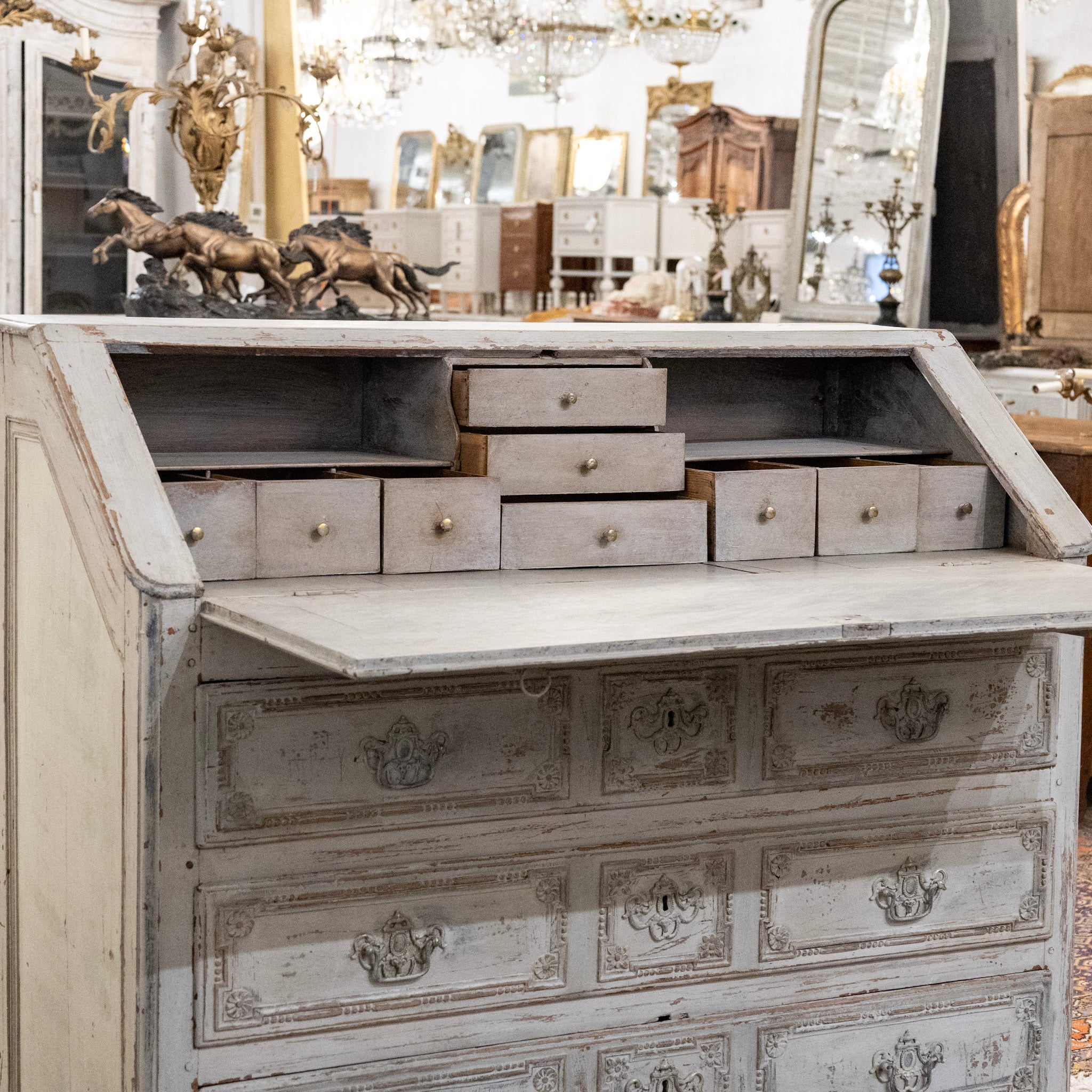 18th Century Gustavian Secretary Desk in Grey Painted Finish with Carved Detailing - Image 7