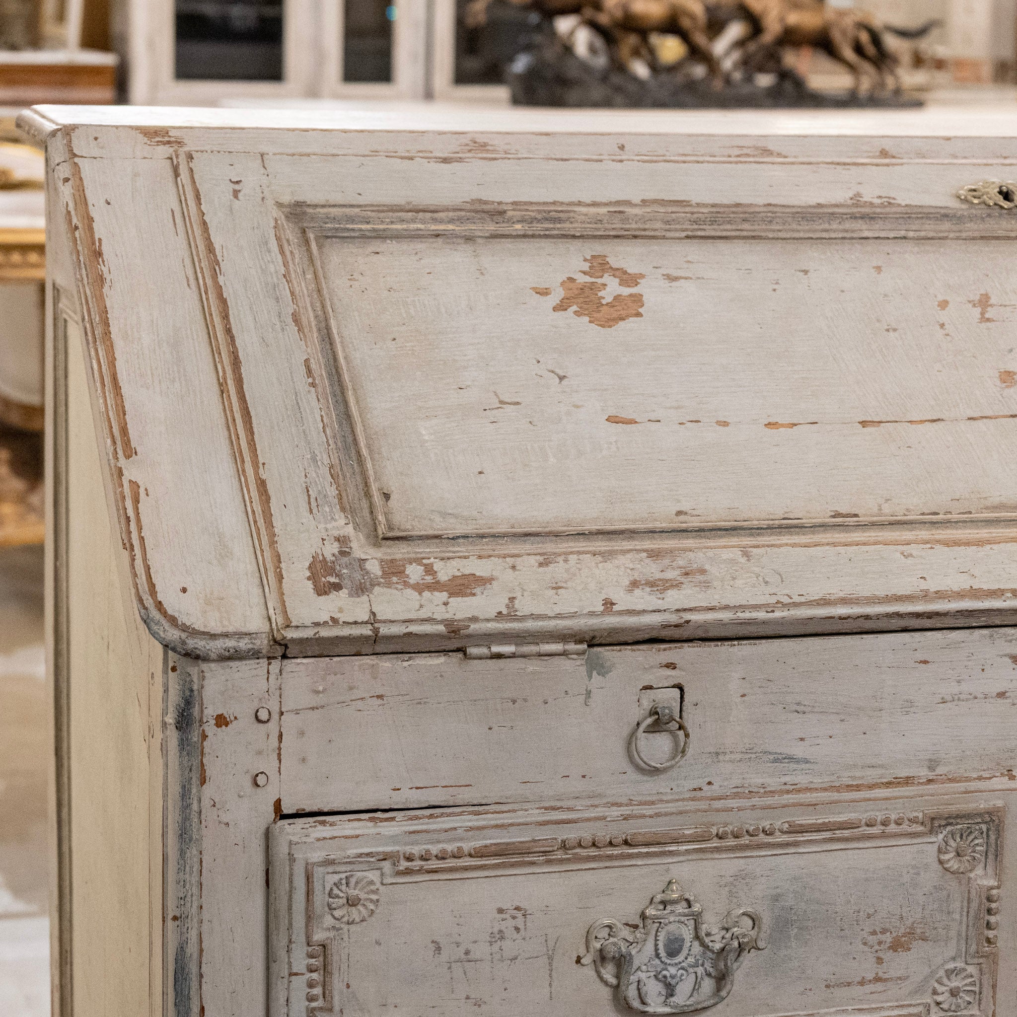 18th Century Gustavian Secretary Desk in Grey Painted Finish with Carved Detailing - Image 9