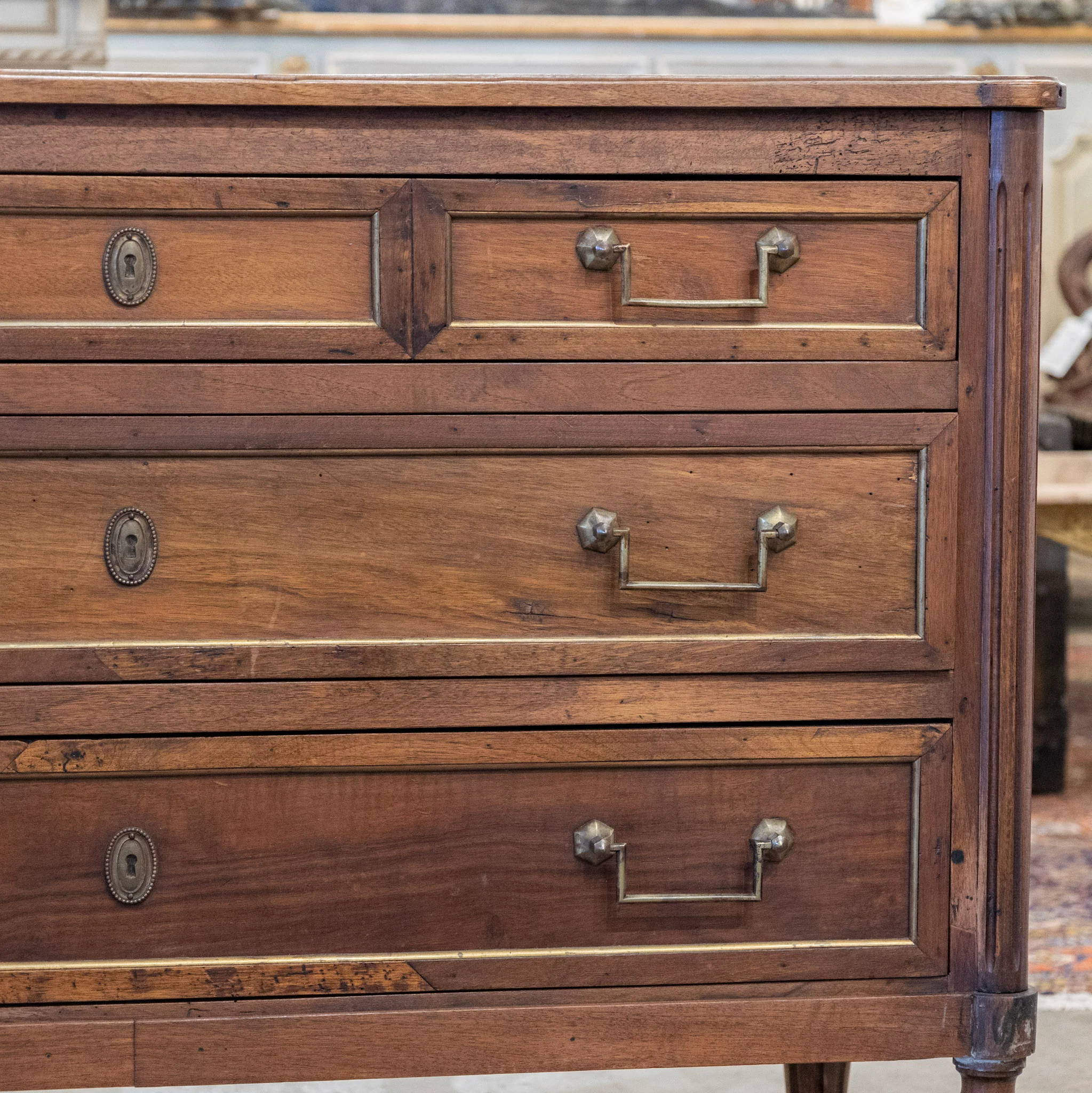 18th Century Louis XVI Wood Chest – Brass Trim & Square Pulls - Image 5