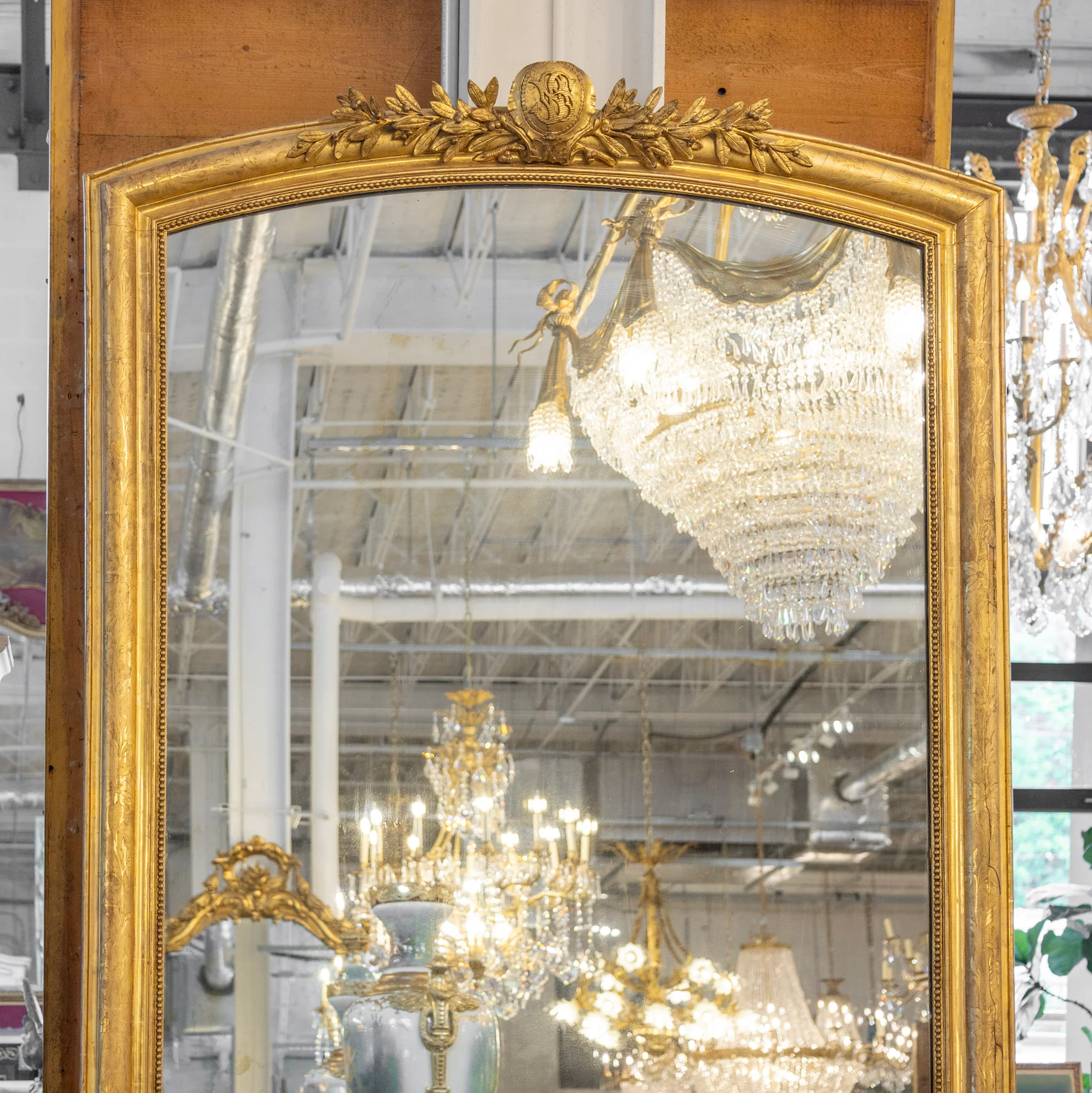 French Full Length Gold Ornate Mirror — Beaded Trim & Leaf Crest - Image 2