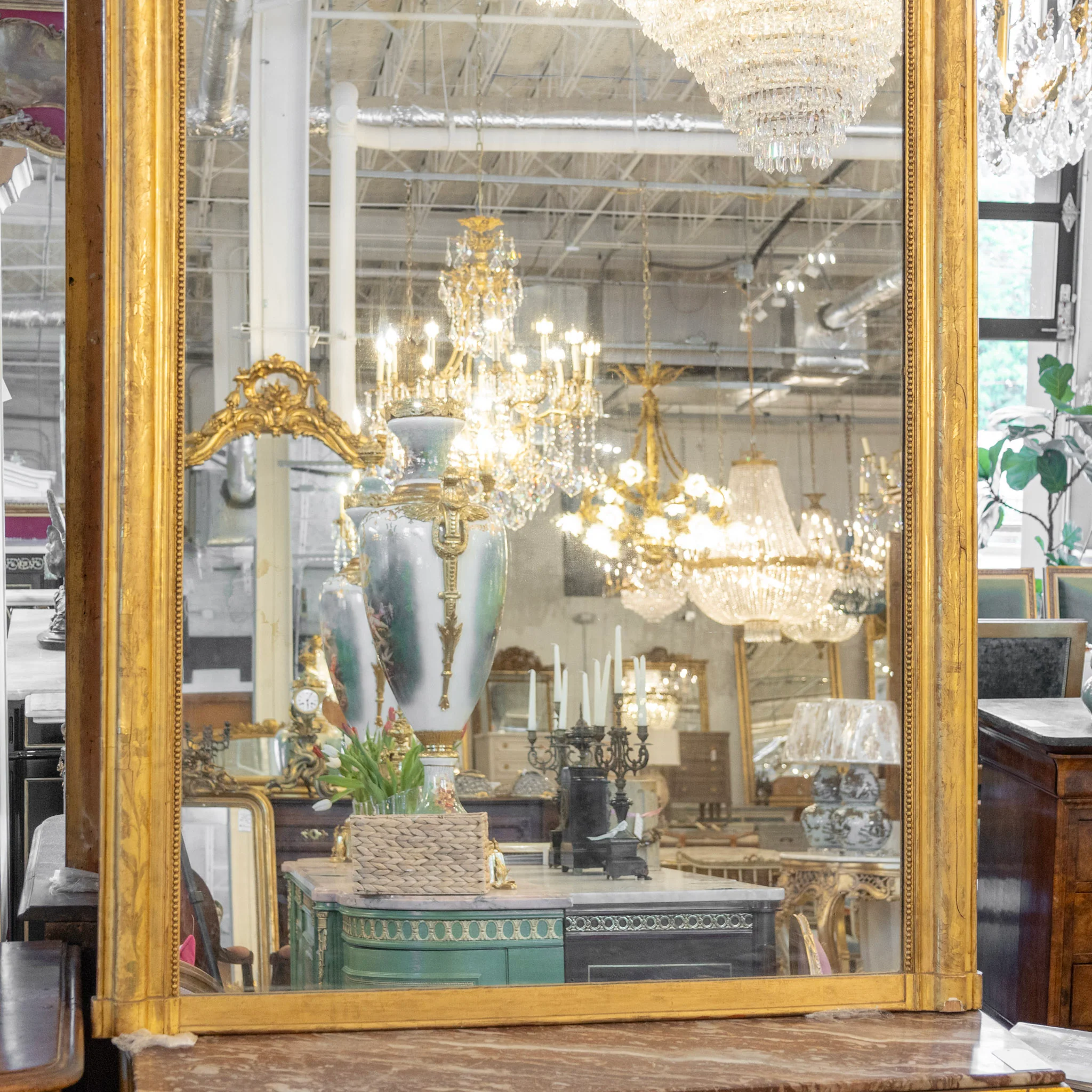 French Full Length Gold Ornate Mirror — Beaded Trim & Leaf Crest - Image 3