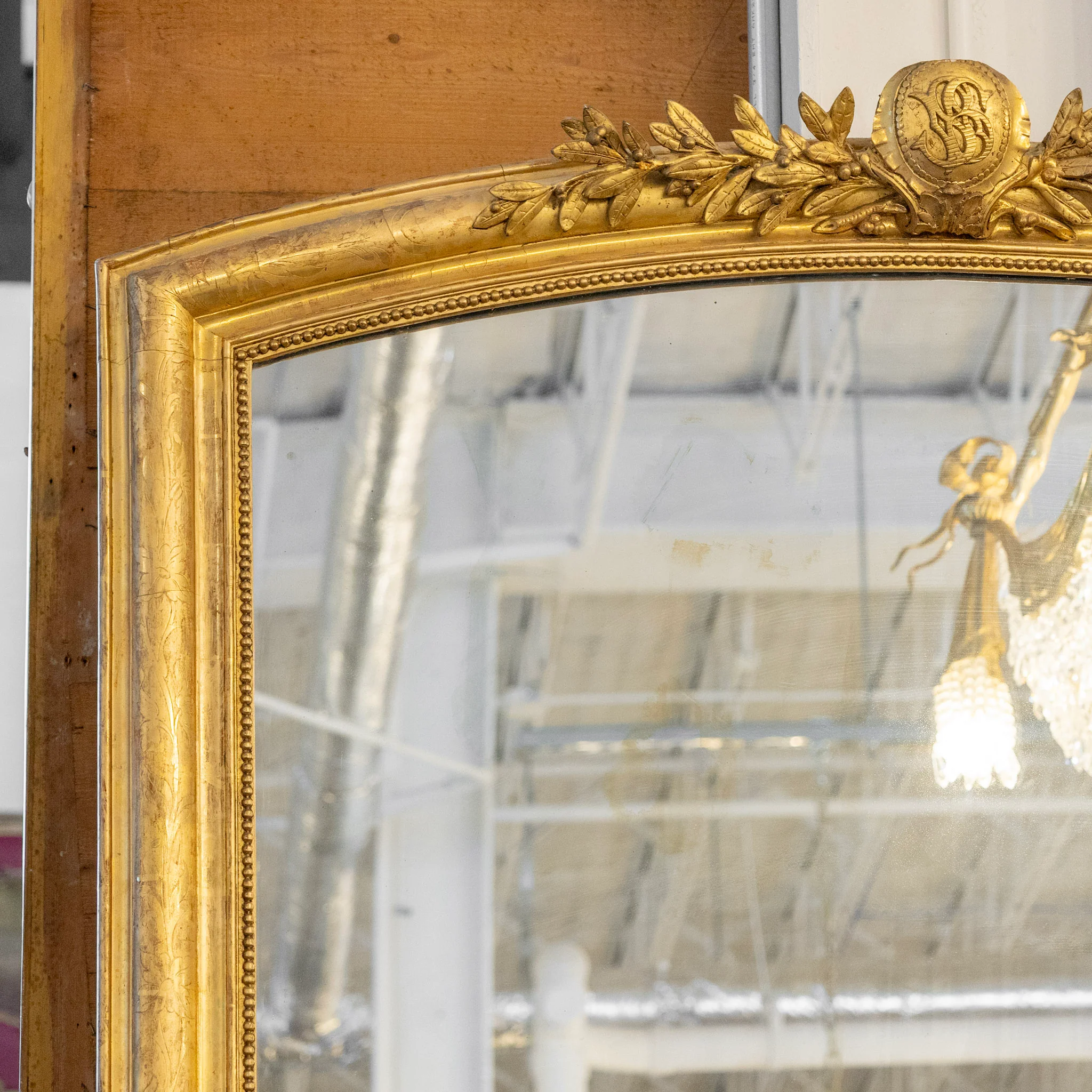 French Full Length Gold Ornate Mirror — Beaded Trim & Leaf Crest - Image 4