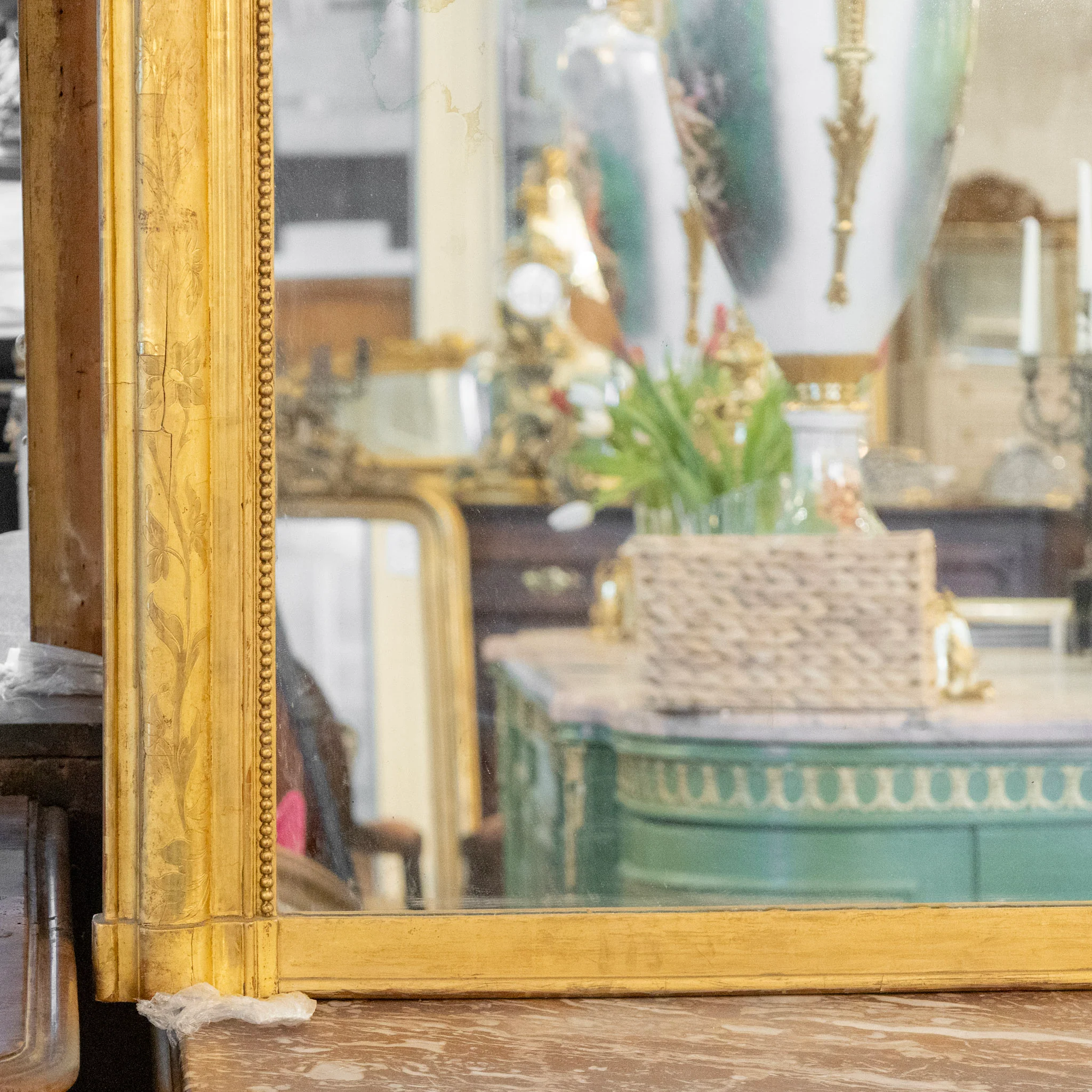 French Full Length Gold Ornate Mirror — Beaded Trim & Leaf Crest - Image 5