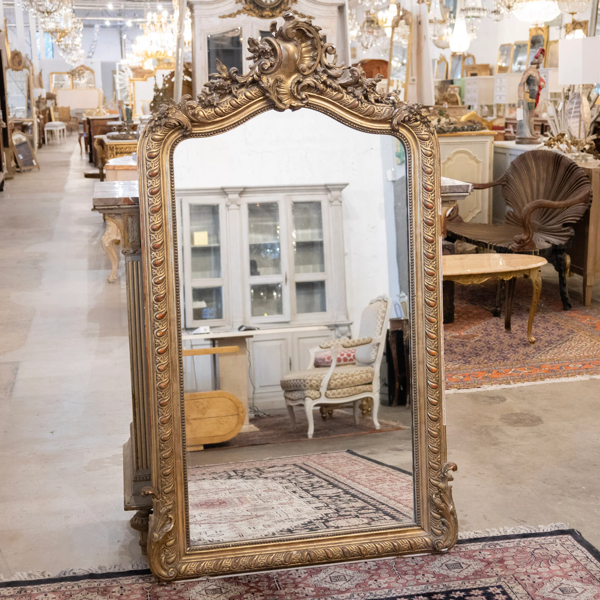 18th Century Ornate French Gilded Mirror – Acanthus Leaf Frame & Shell Crest