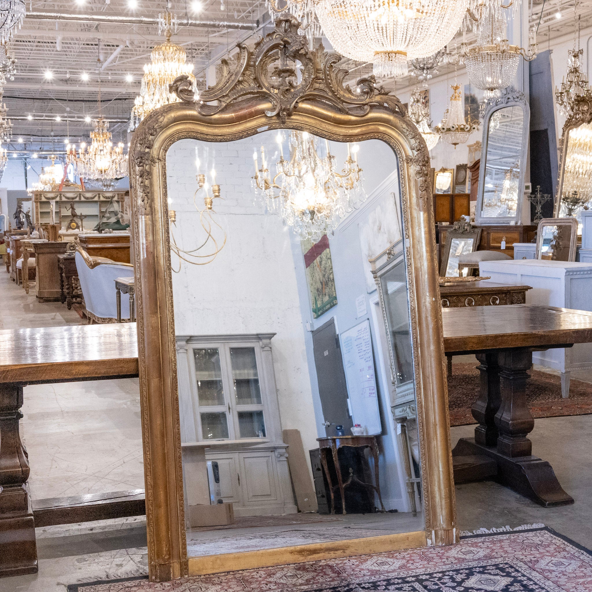 18th-Century Ornate Gilded French Mirror – Floral Carvings with Patina & Foxing