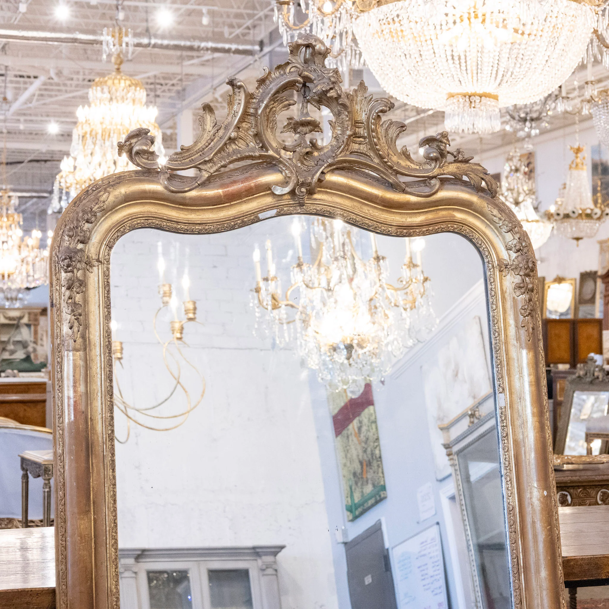 18th-Century Ornate Gilded French Mirror – Floral Carvings with Patina & Foxing - Image 2