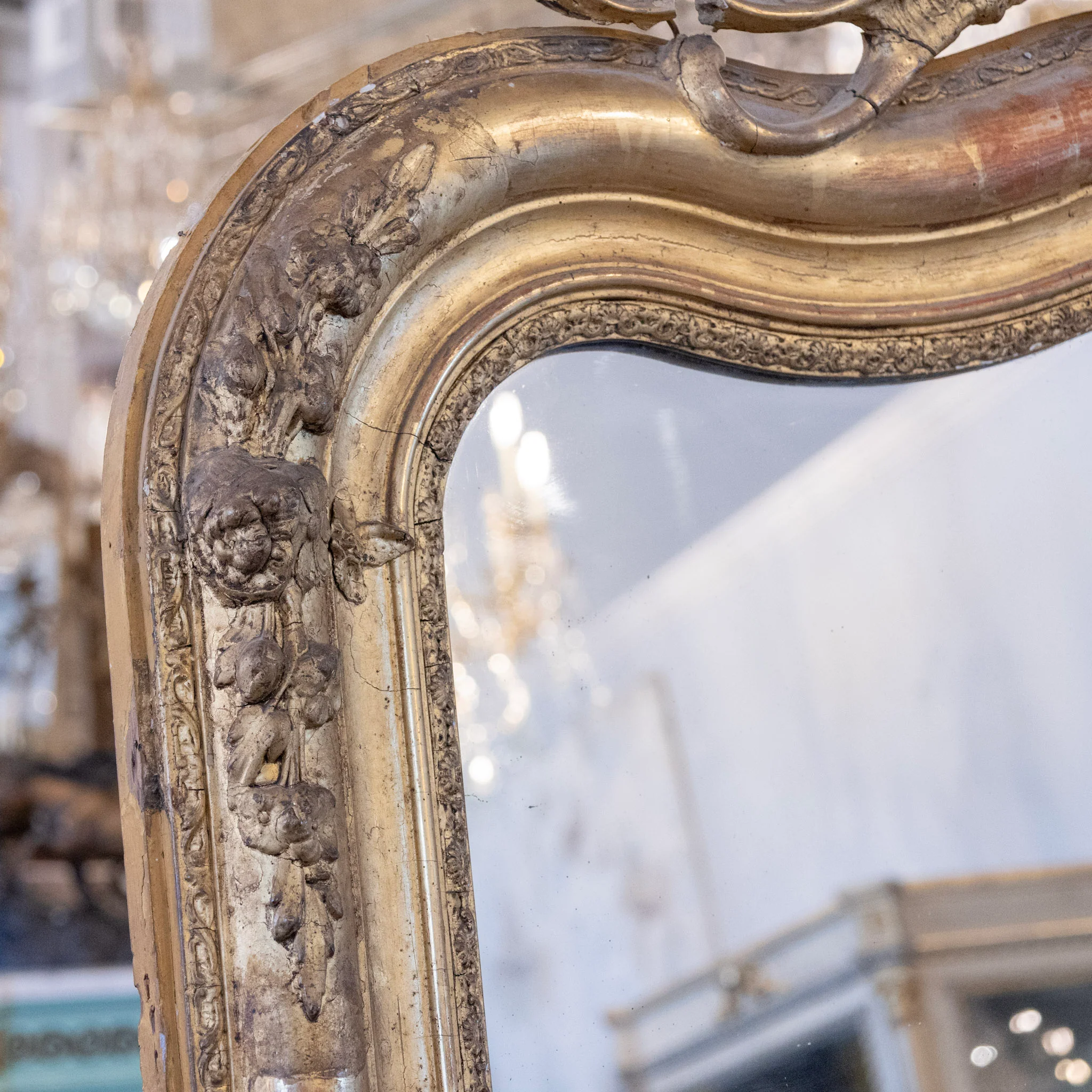 18th-Century Ornate Gilded French Mirror – Floral Carvings with Patina & Foxing - Image 4