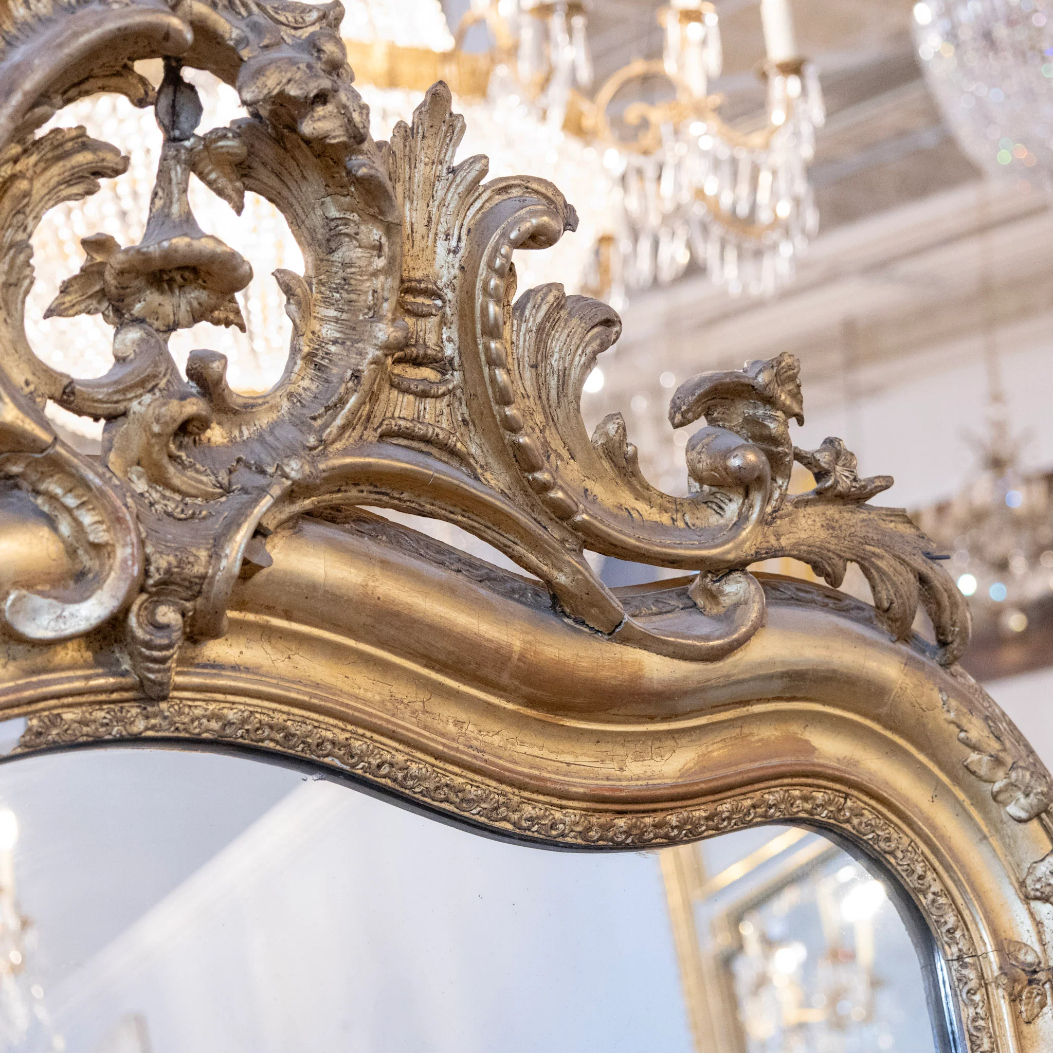 18th-Century Ornate Gilded French Mirror – Floral Carvings with Patina & Foxing - Image 6