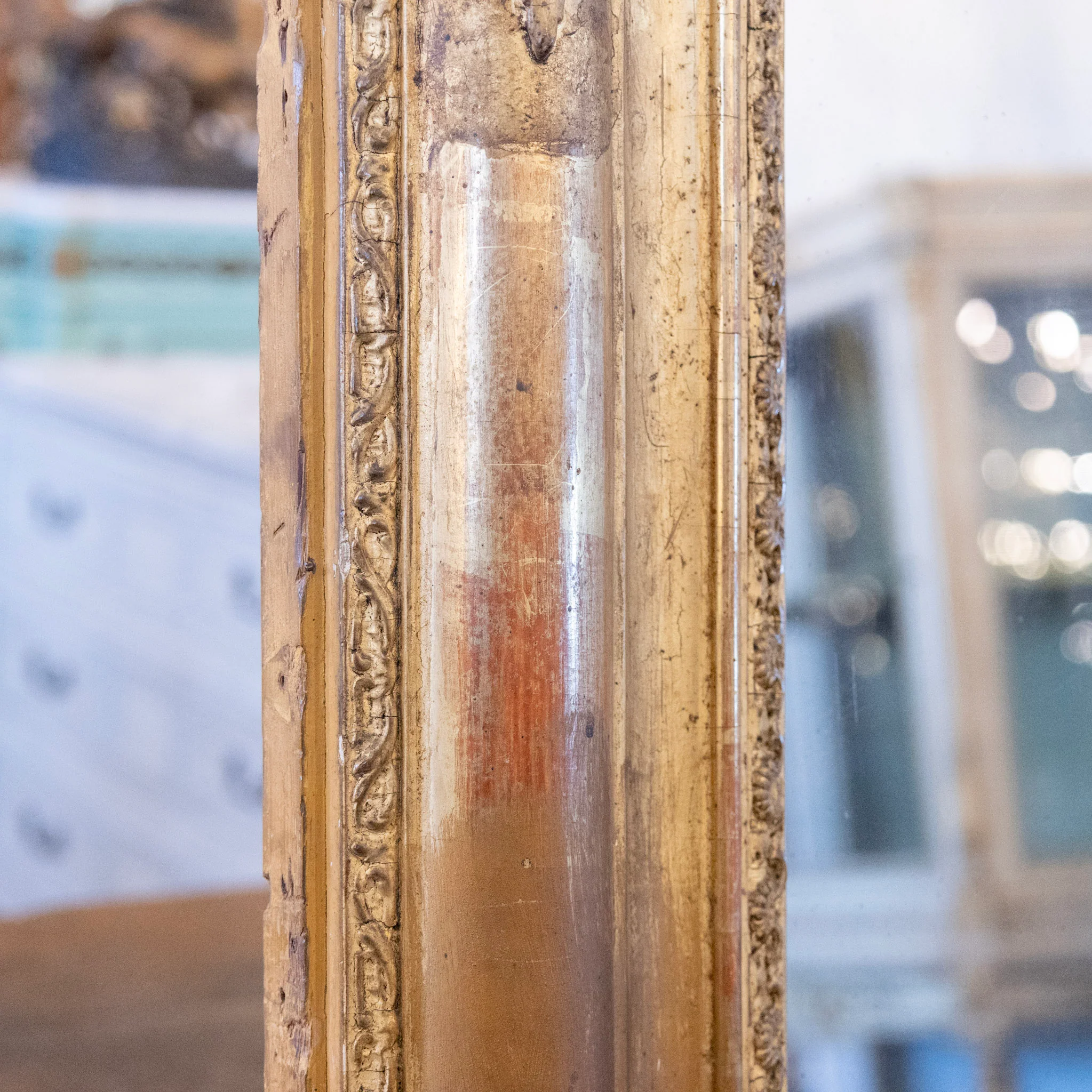 18th-Century Ornate Gilded French Mirror – Floral Carvings with Patina & Foxing - Image 7