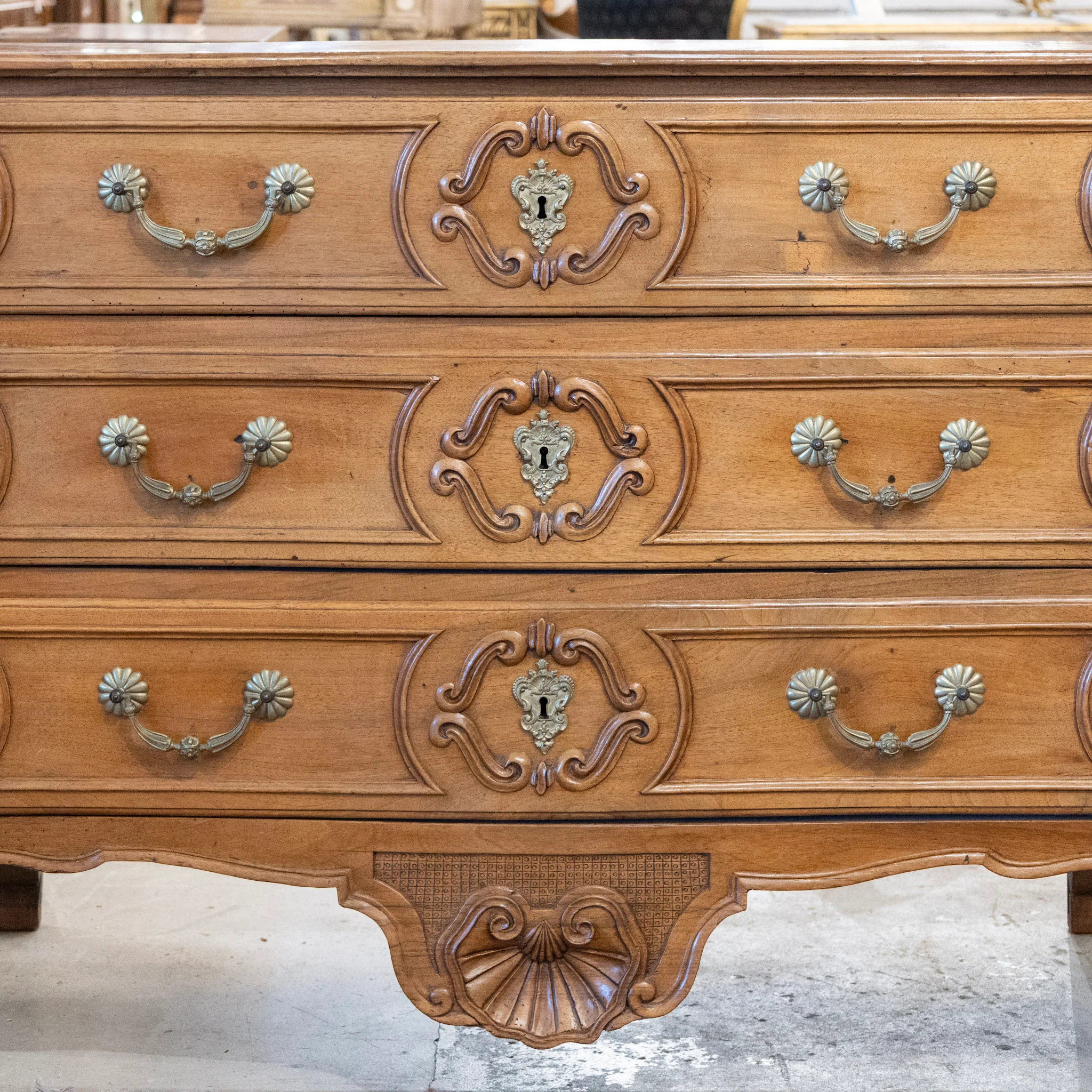 18th Century Wood Chest – Hand-Carved Details & Brass Rosette Pulls - Image 2