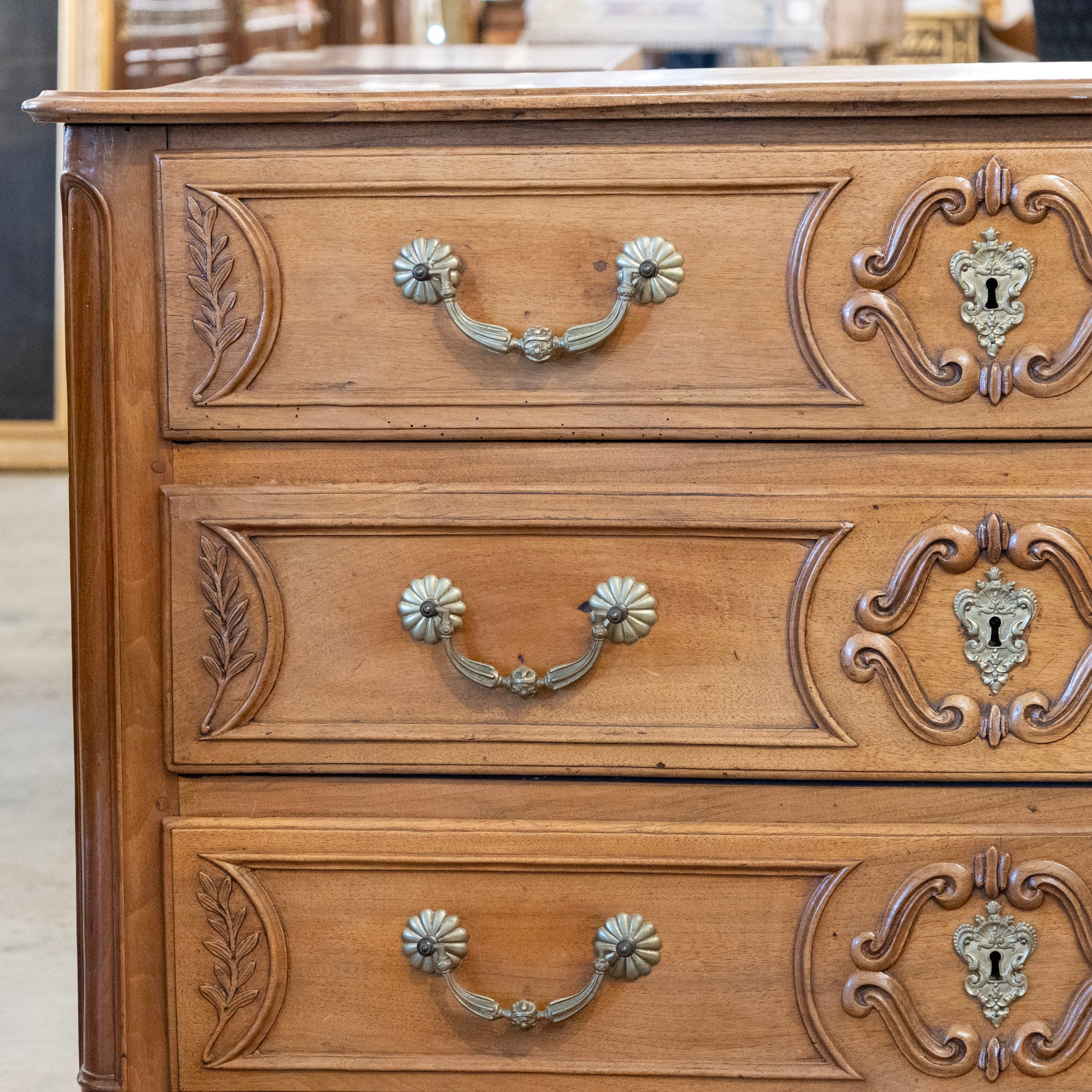 18th Century Wood Chest – Hand-Carved Details & Brass Rosette Pulls - Image 3