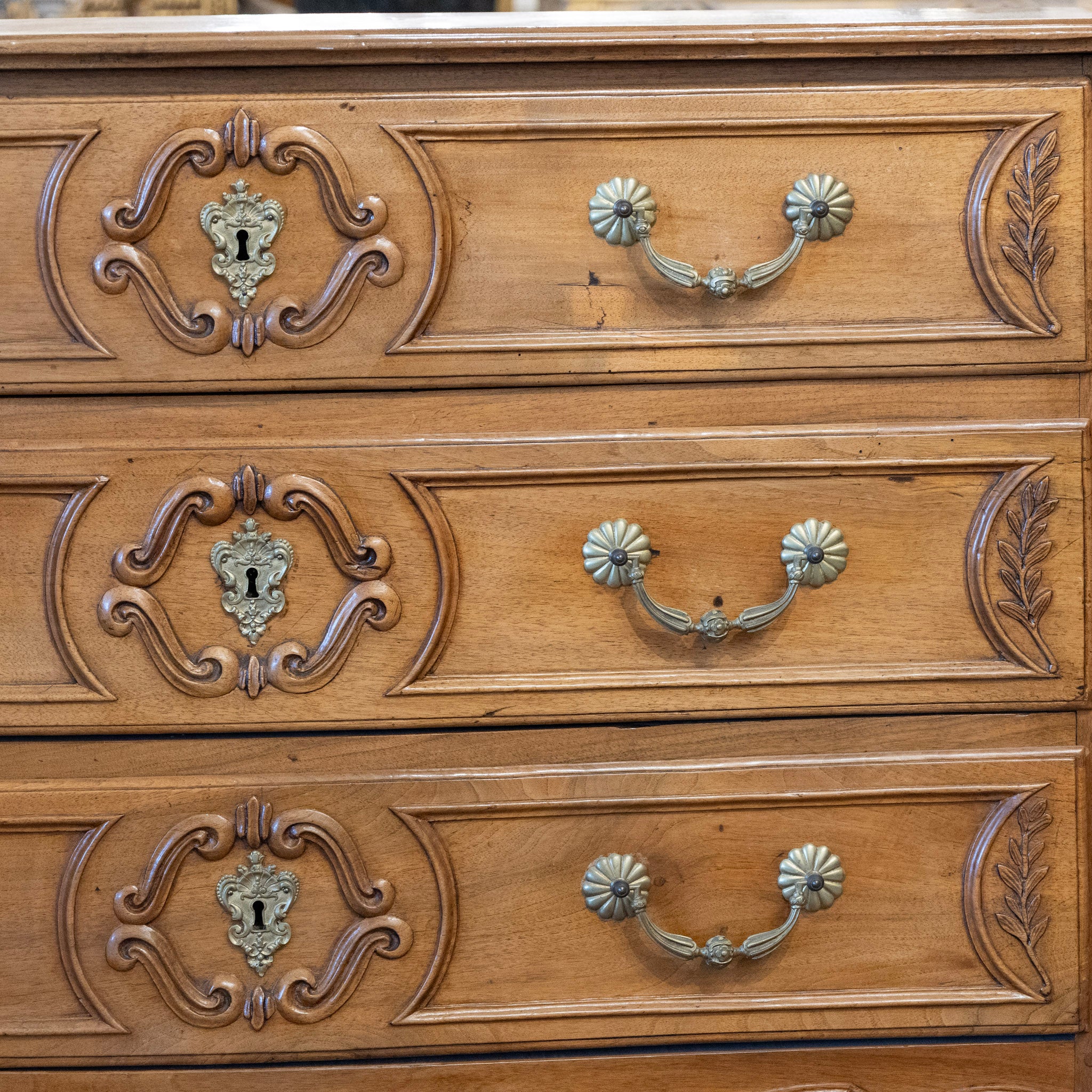 18th Century Wood Chest – Hand-Carved Details & Brass Rosette Pulls - Image 5