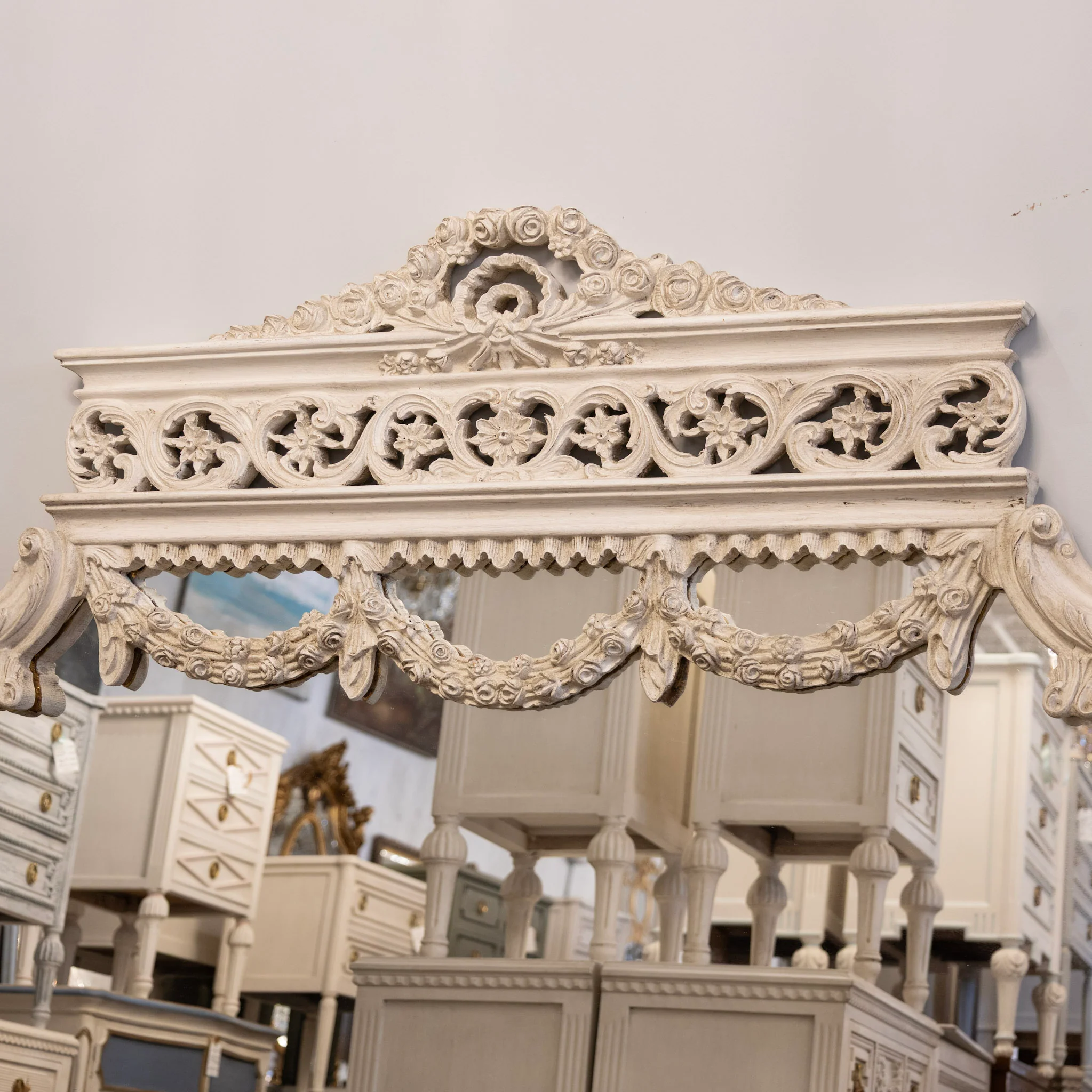 Louis XV Trumeau Mirror – Intricate Wreath Carvings in Antique White - Image 2