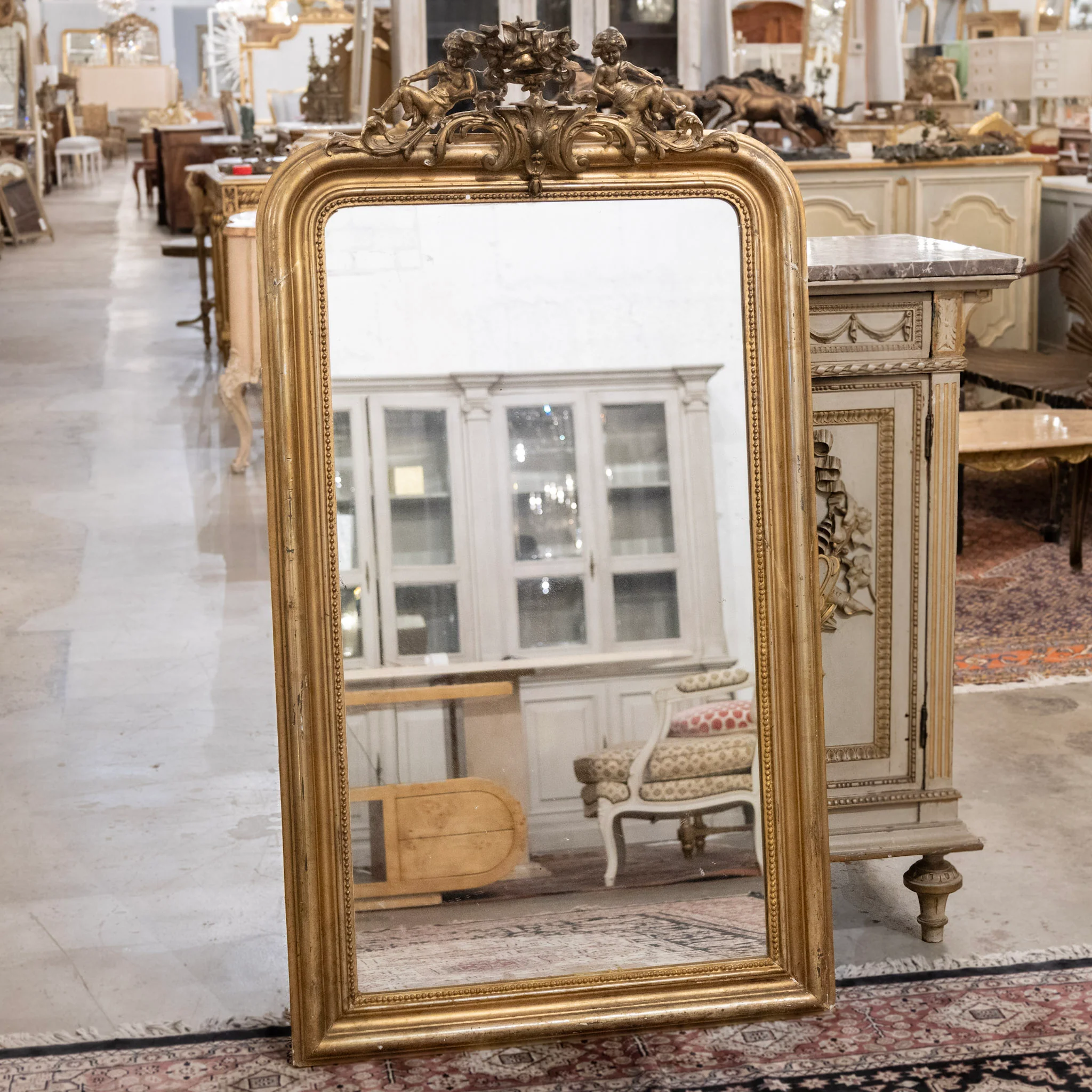 18th Century Ornate French Gilded Mirror – Cherub Crest & Beaded Frame