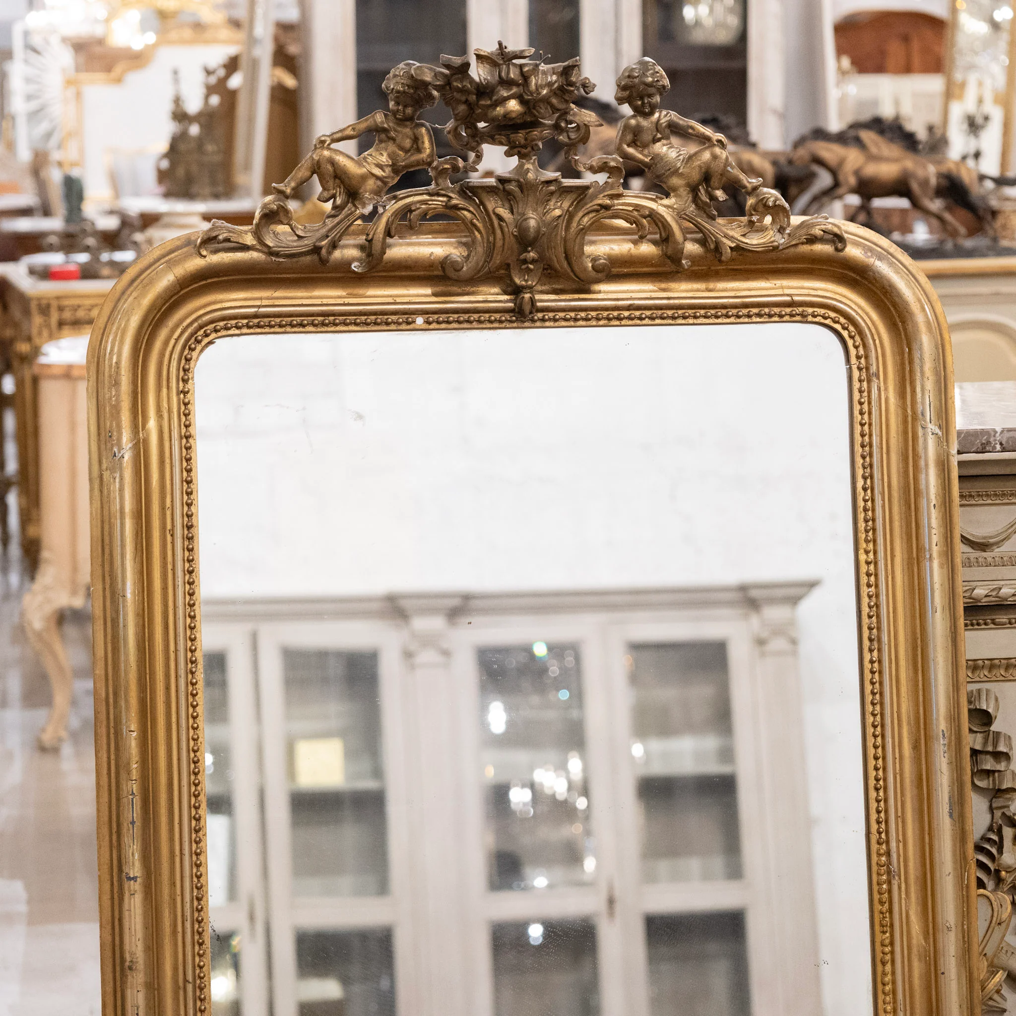 18th Century Ornate French Gilded Mirror – Cherub Crest & Beaded Frame - Image 2