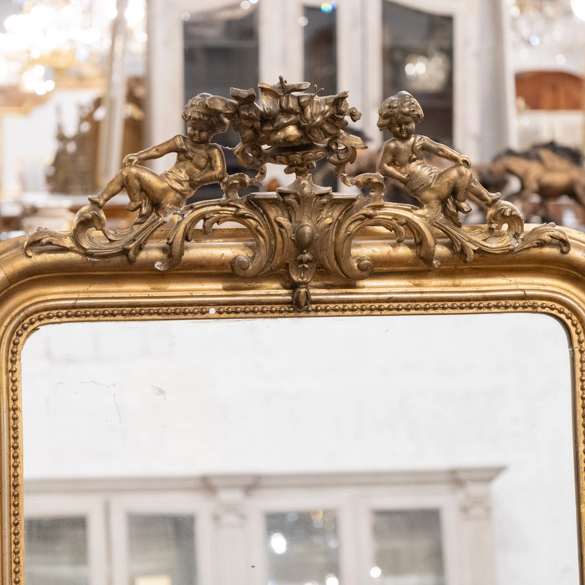 18th Century Ornate French Gilded Mirror – Cherub Crest & Beaded Frame - Image 3