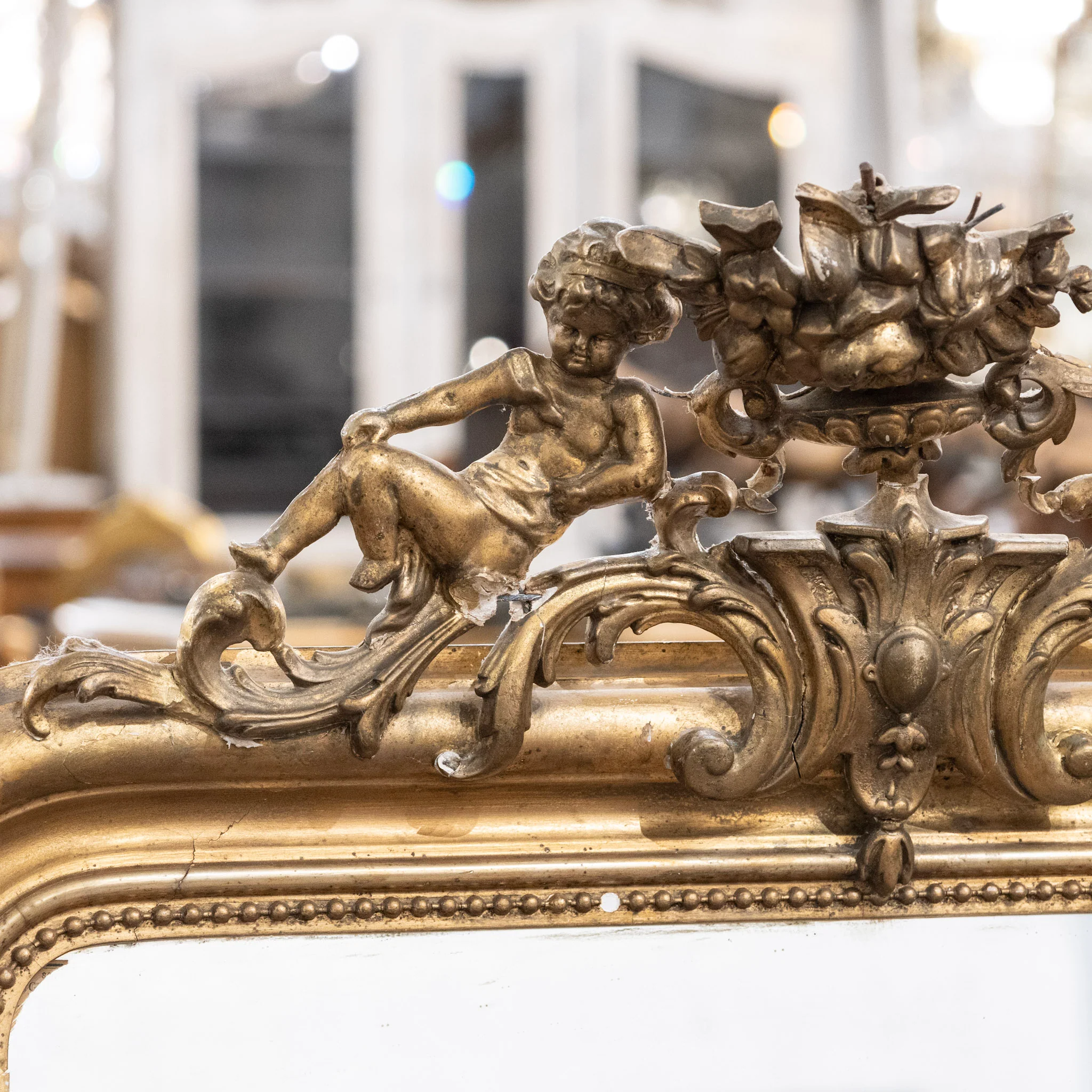 18th Century Ornate French Gilded Mirror – Cherub Crest & Beaded Frame - Image 4
