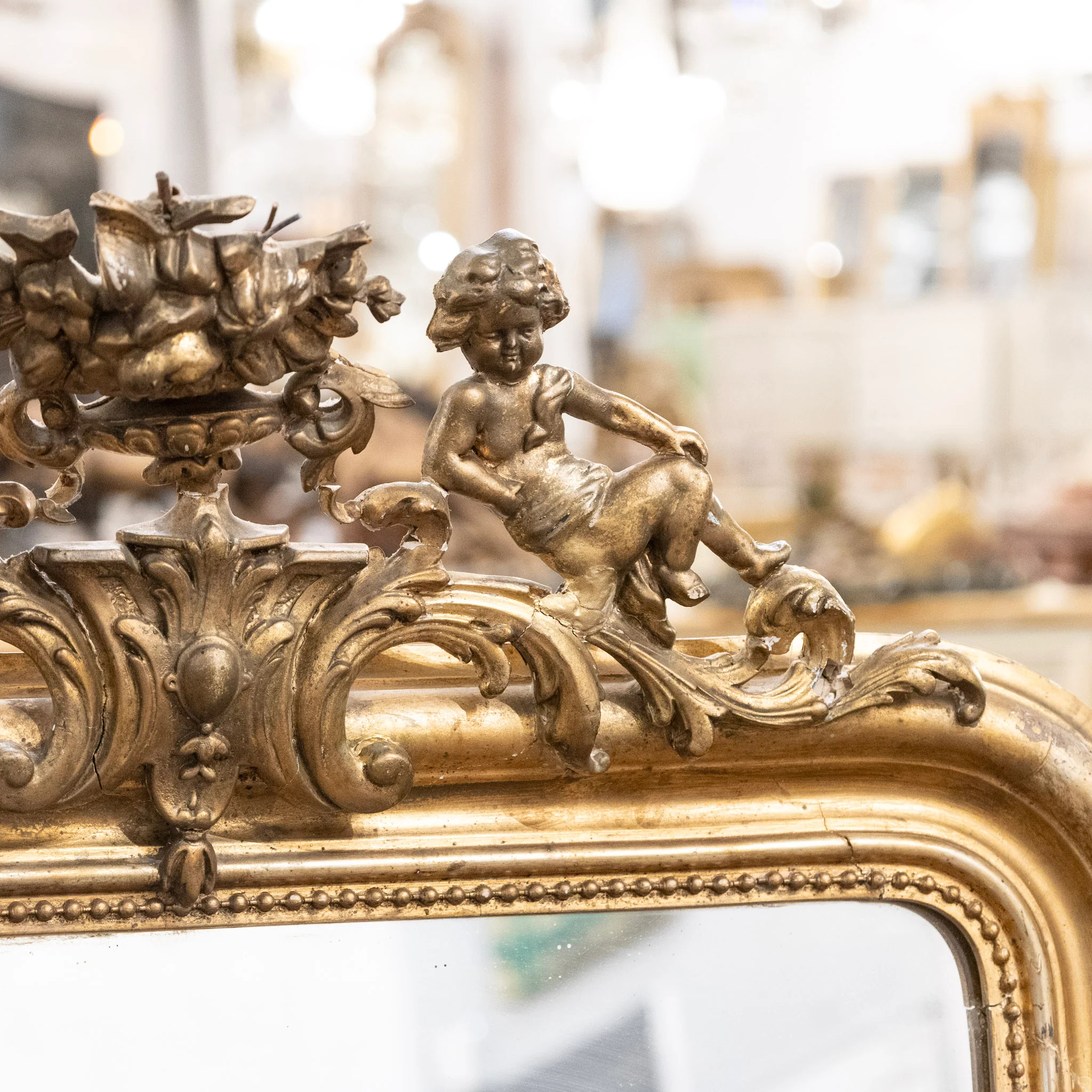 18th Century Ornate French Gilded Mirror – Cherub Crest & Beaded Frame - Image 5