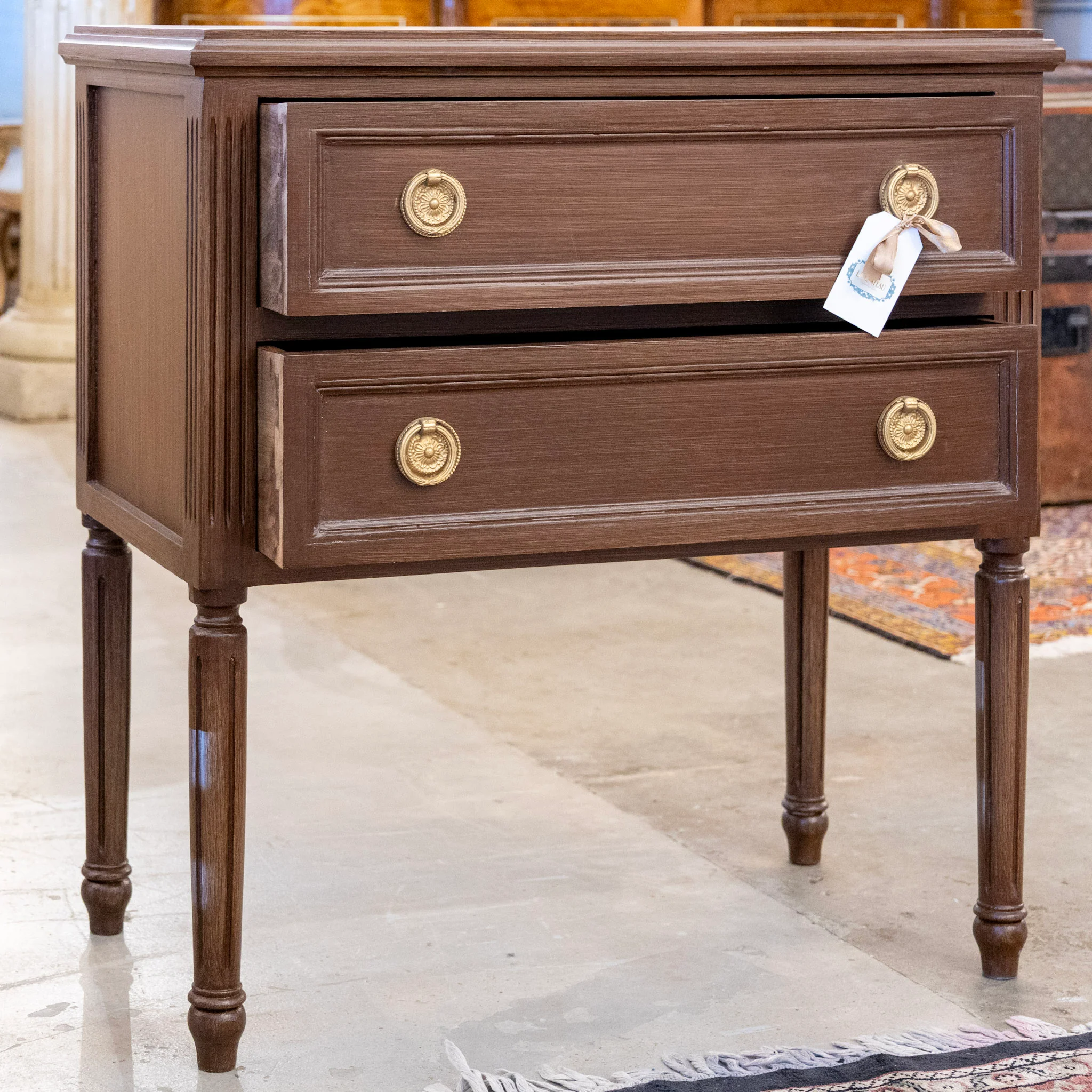 Swedish 2-Drawer Nightstand –  Brass Pulls & Tall Fluted Legs in Brown - Image 3