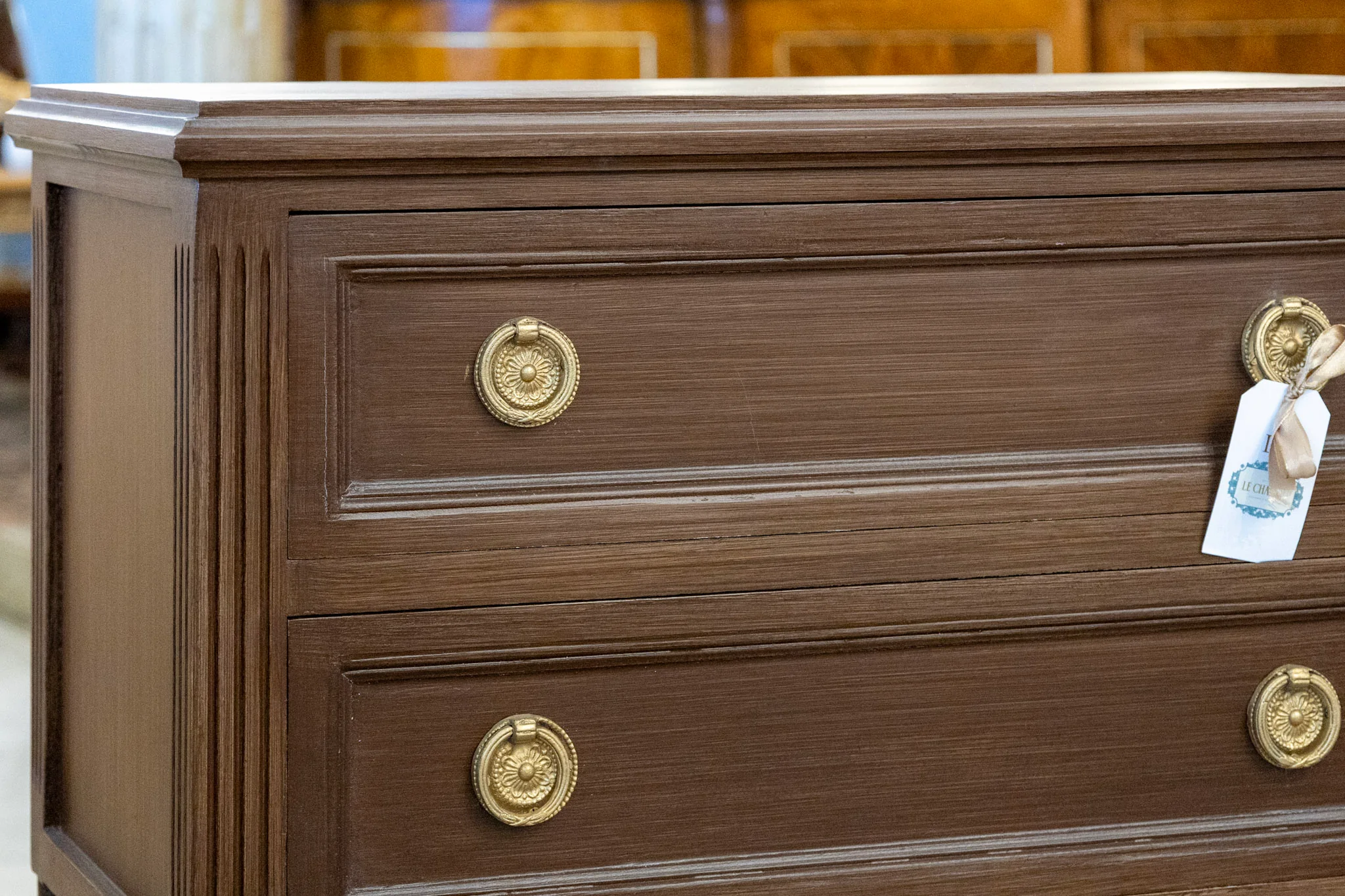 Swedish 2-Drawer Nightstand –  Brass Pulls & Tall Fluted Legs in Brown - Image 5