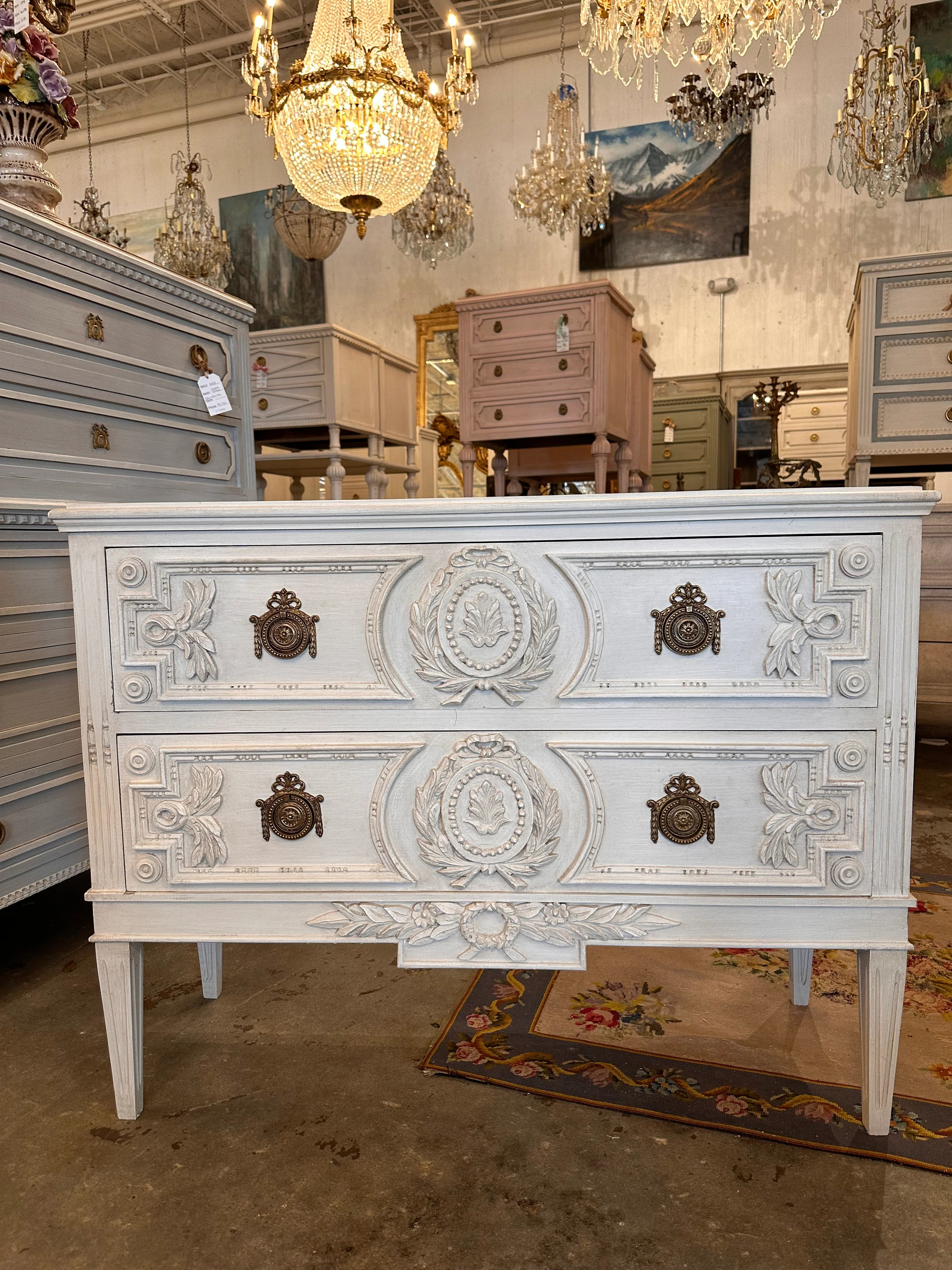 Swedish Chest in White with Carved Details