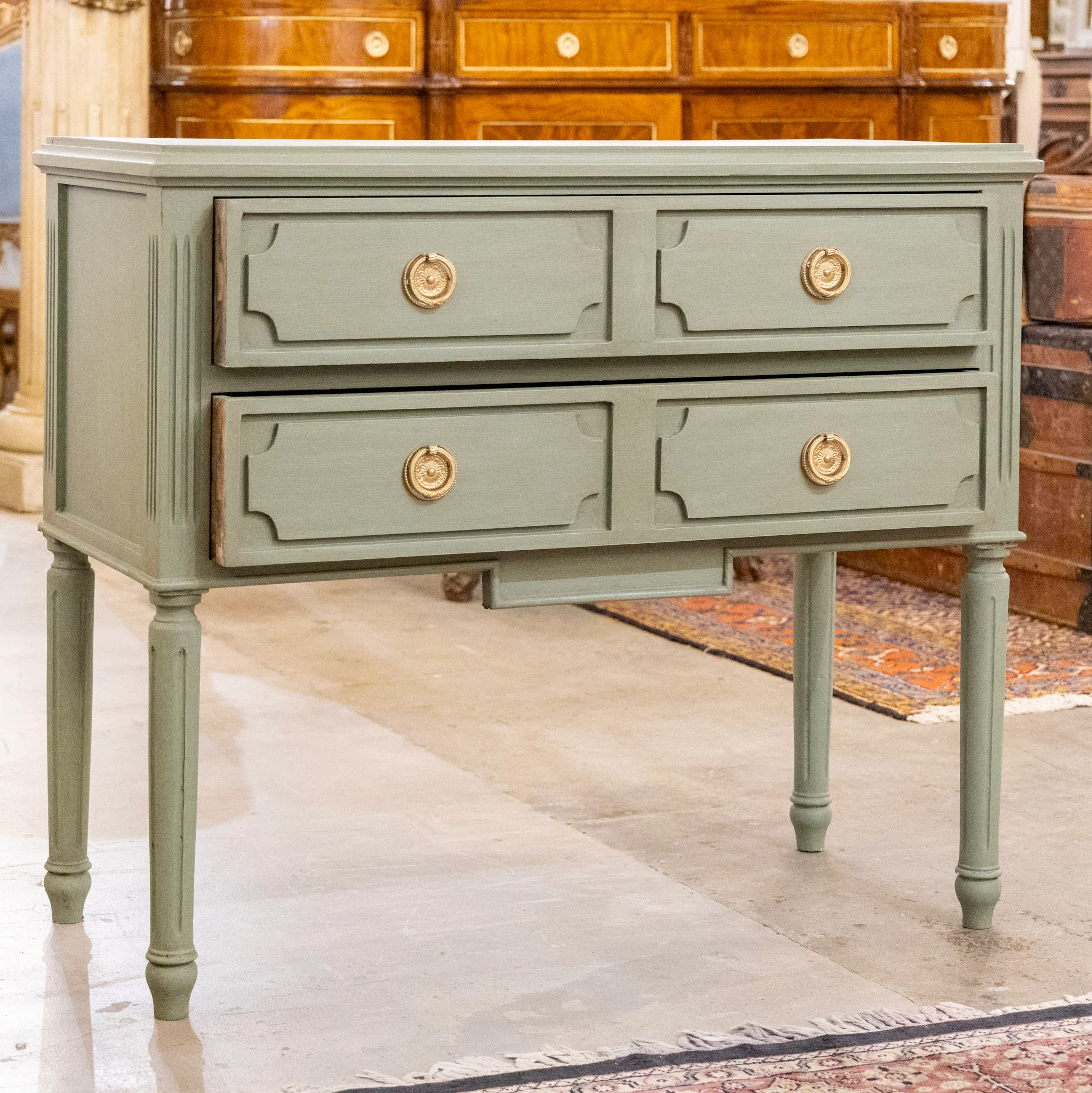 Swedish 2-Drawer Nightstand – Round Brass Pulls & Tall Legs in Forest Green - Image 3