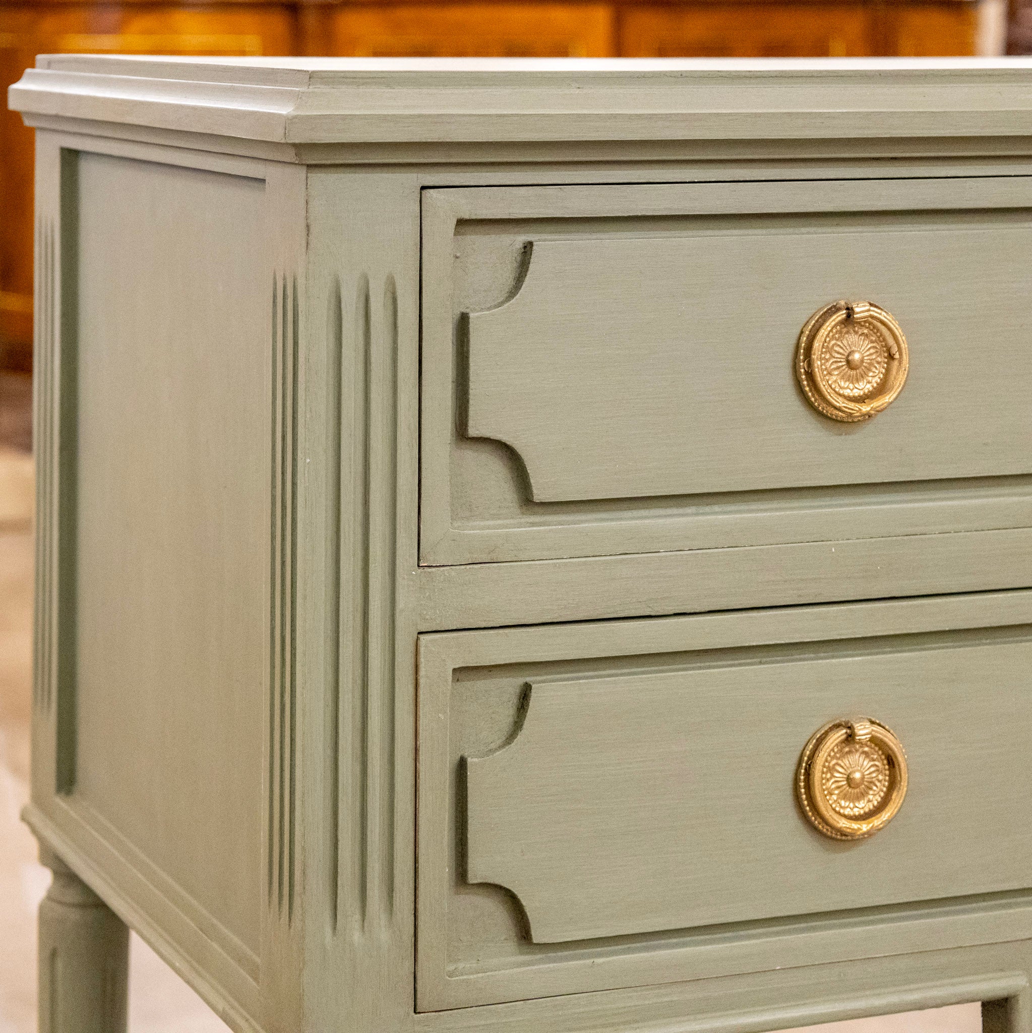 Swedish 2-Drawer Nightstand – Round Brass Pulls & Tall Legs in Forest Green - Image 5