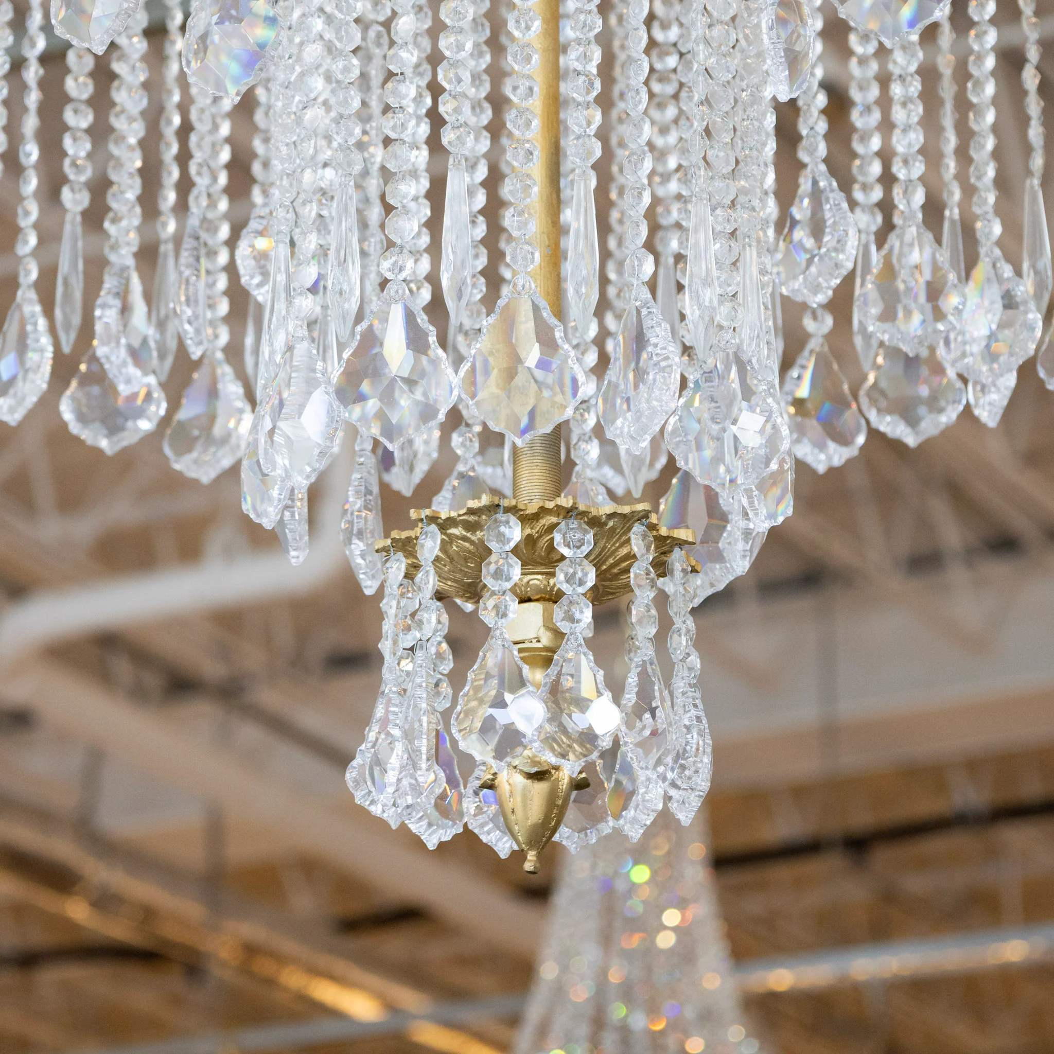 French Double Tiered Brass Chandelier – Beaded Crystal & Crystal Drops - Image 3