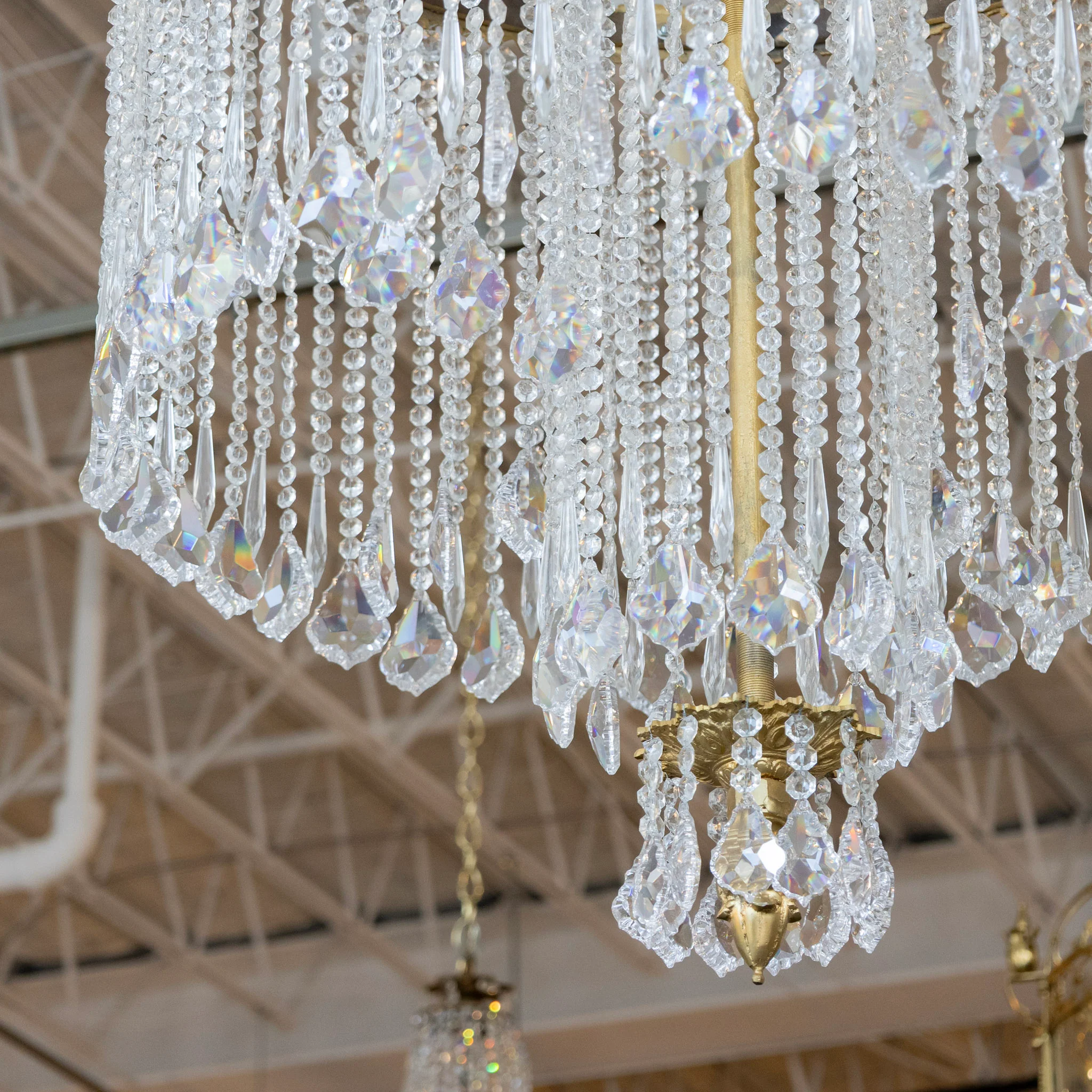 French Double Tiered Brass Chandelier – Beaded Crystal & Crystal Drops - Image 4