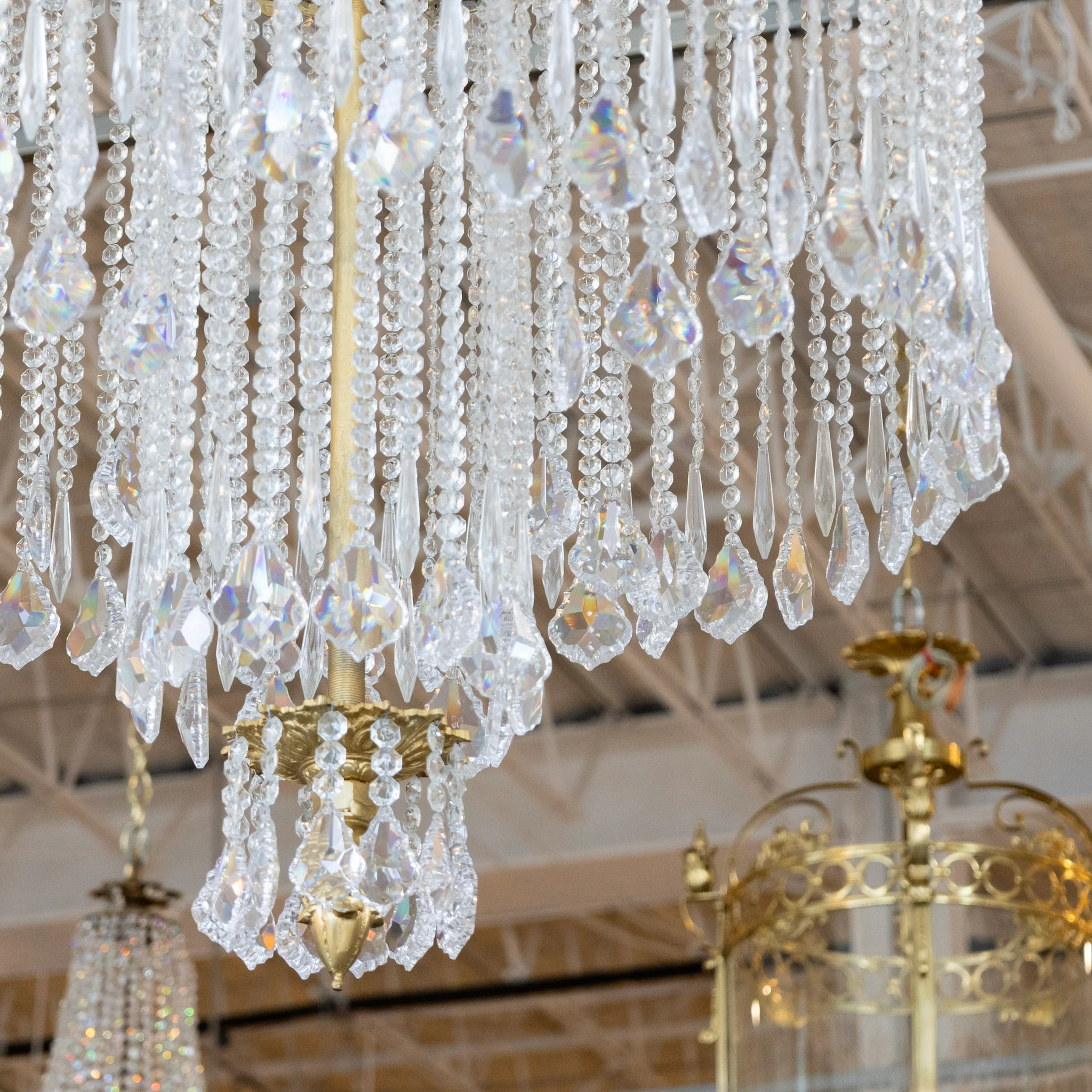 French Double Tiered Brass Chandelier – Beaded Crystal & Crystal Drops - Image 5