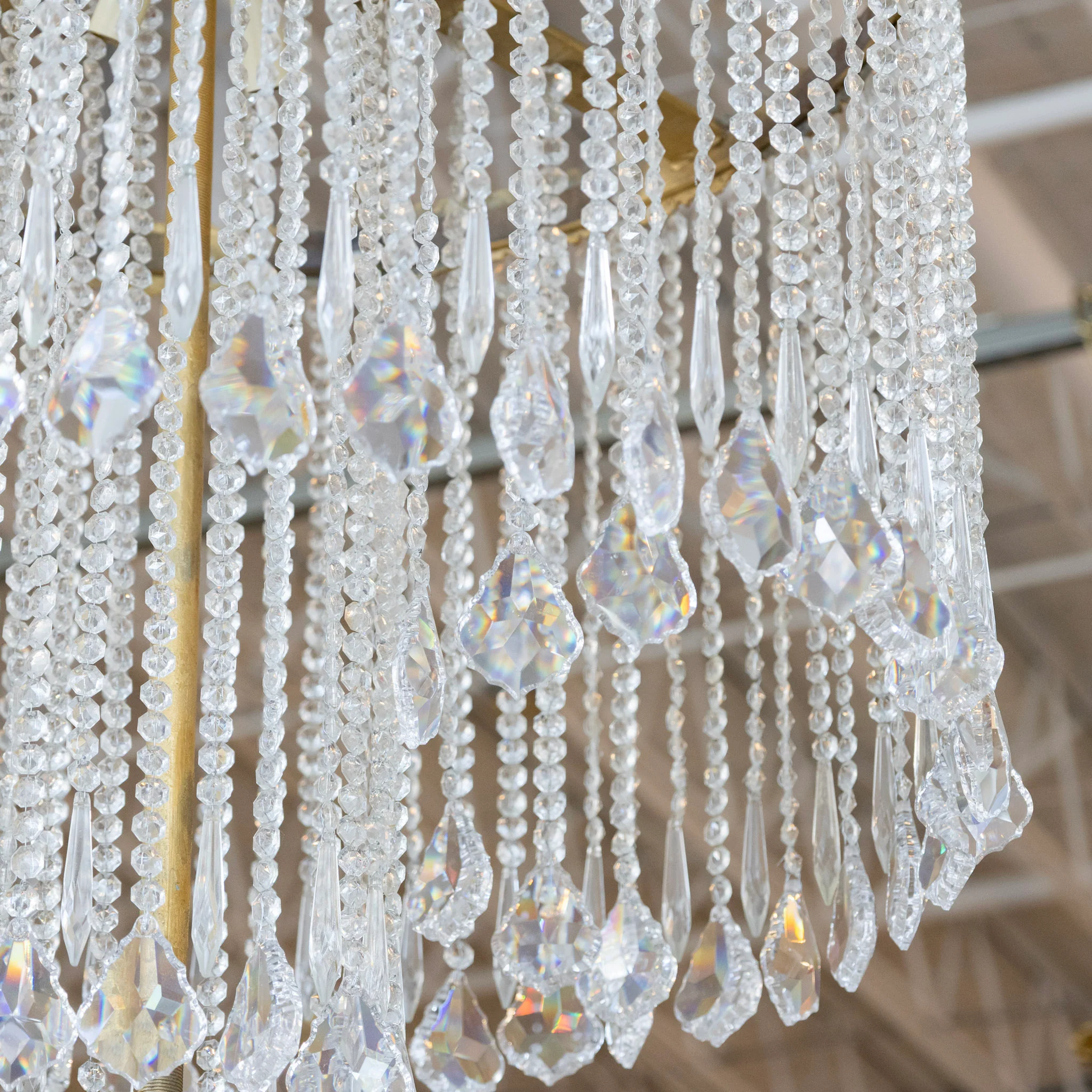 French Double Tiered Brass Chandelier – Beaded Crystal & Crystal Drops - Image 6
