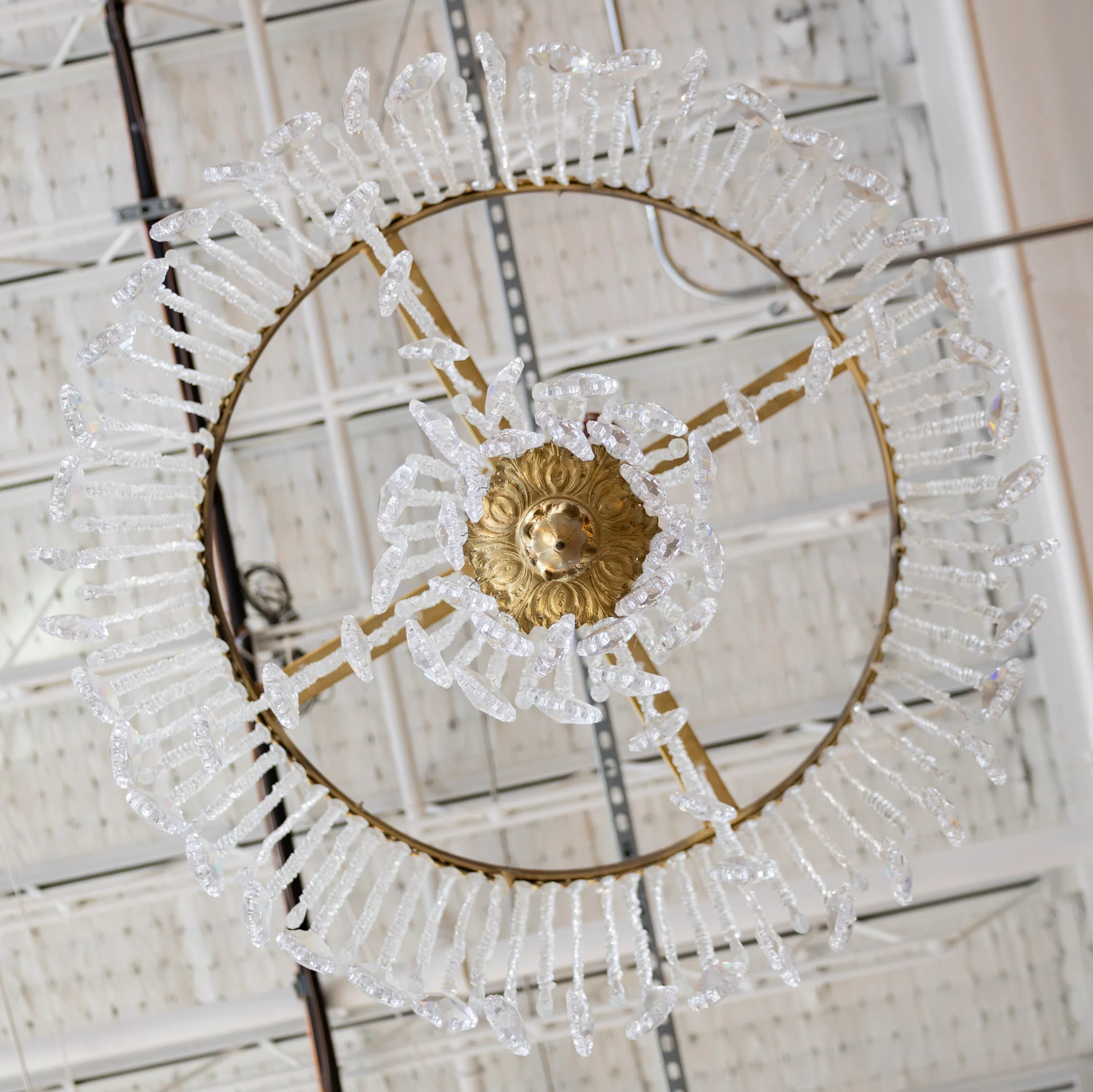 French Double Tiered Brass Chandelier – Beaded Crystal & Crystal Drops - Image 7