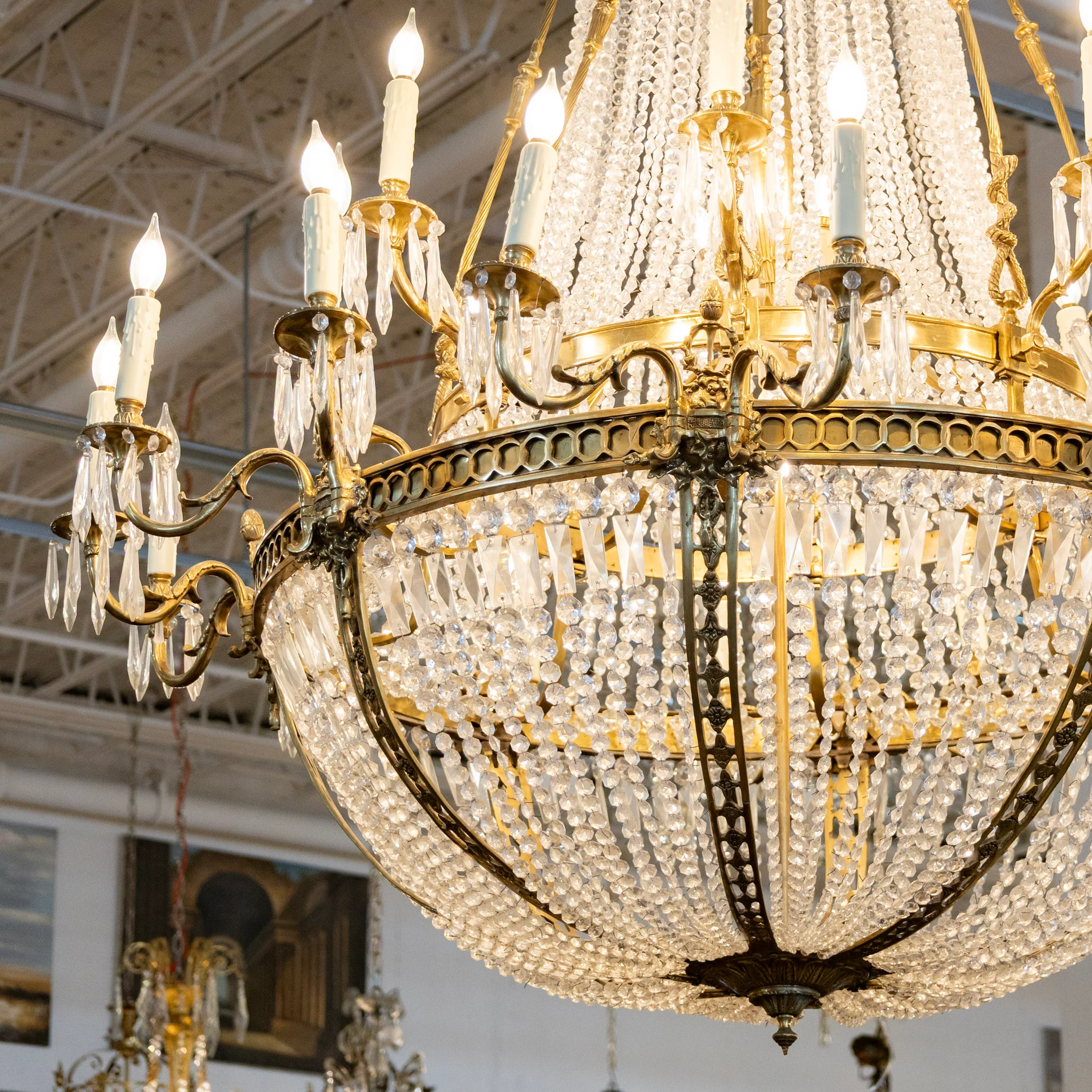 Grand French Empire Basket Brass Chandelier – Serpentine Frame & Beaded Crystal with Icicle Drops - Image 3