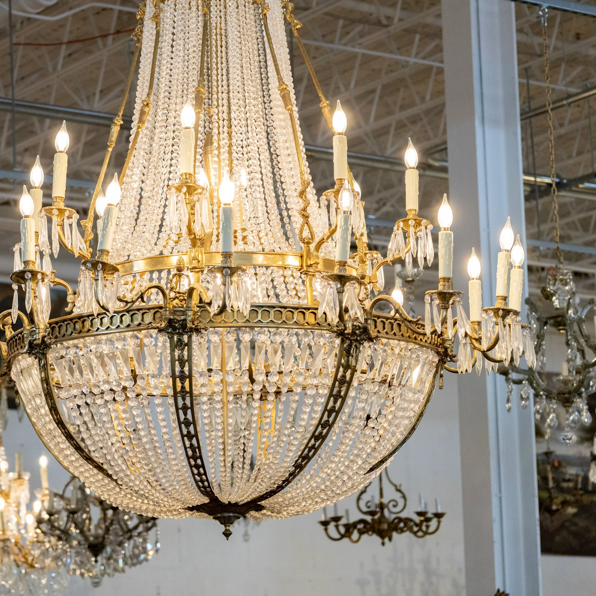 Grand French Empire Basket Brass Chandelier – Serpentine Frame & Beaded Crystal with Icicle Drops - Image 4