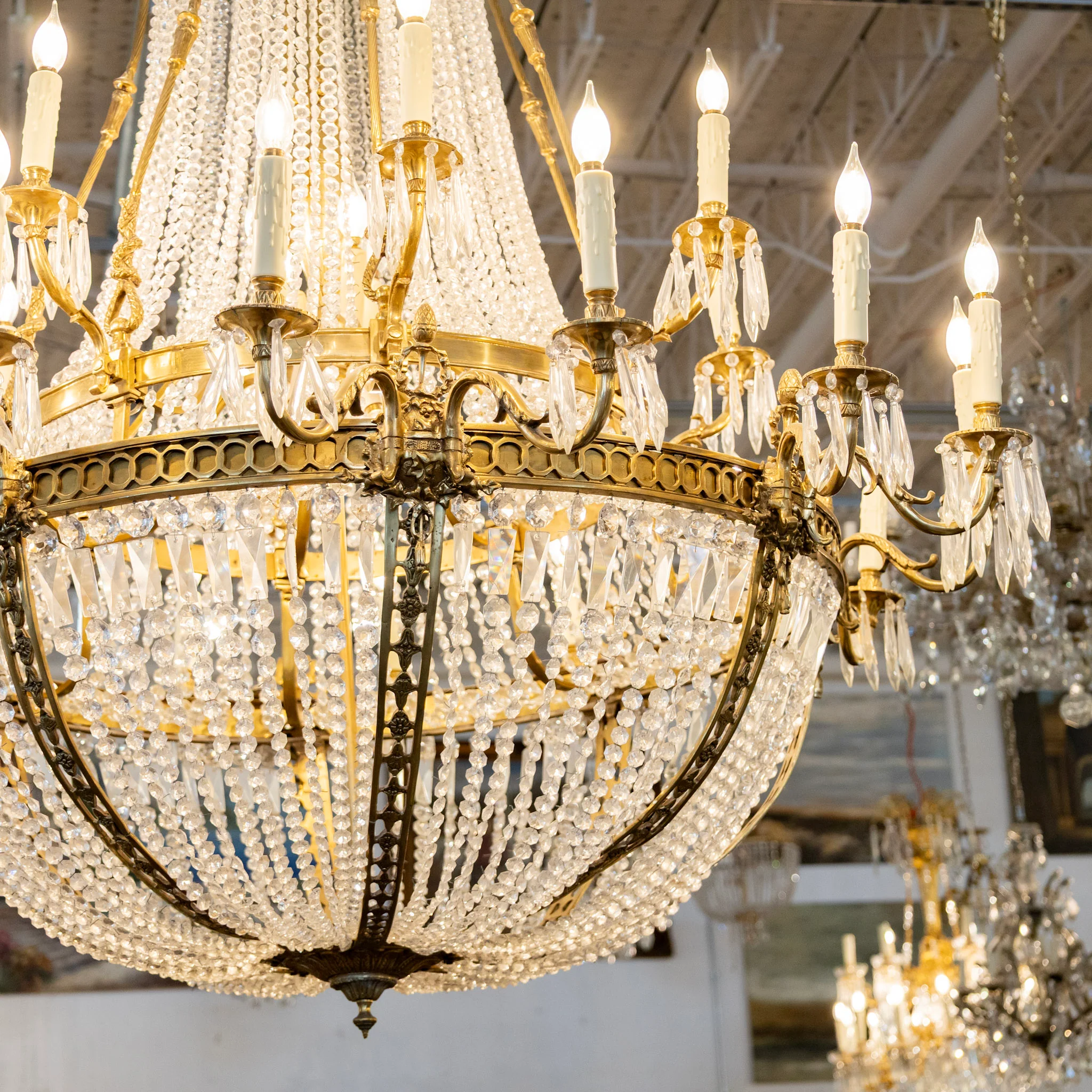 Grand French Empire Basket Brass Chandelier – Serpentine Frame & Beaded Crystal with Icicle Drops - Image 5