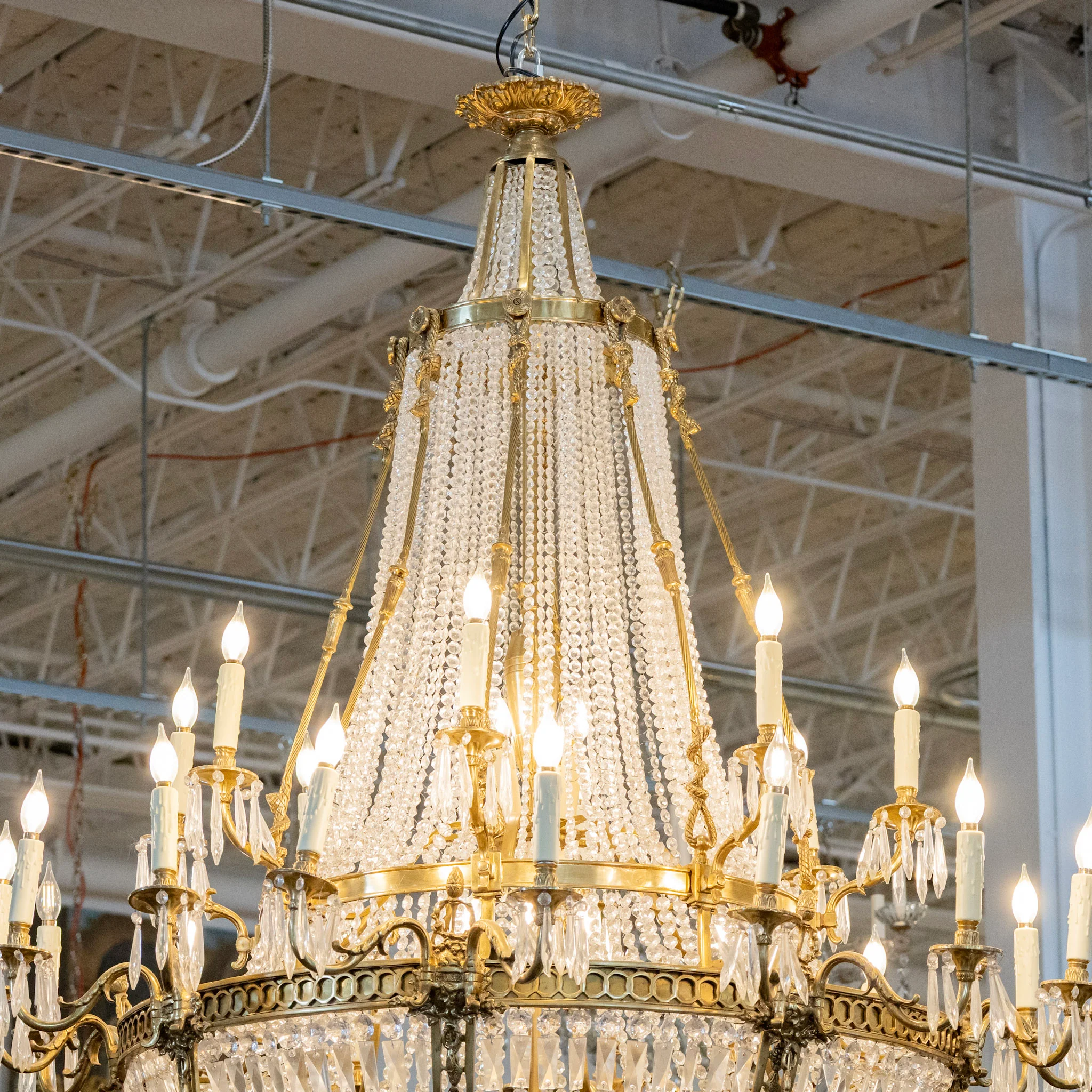 Grand French Empire Basket Brass Chandelier – Serpentine Frame & Beaded Crystal with Icicle Drops - Image 6