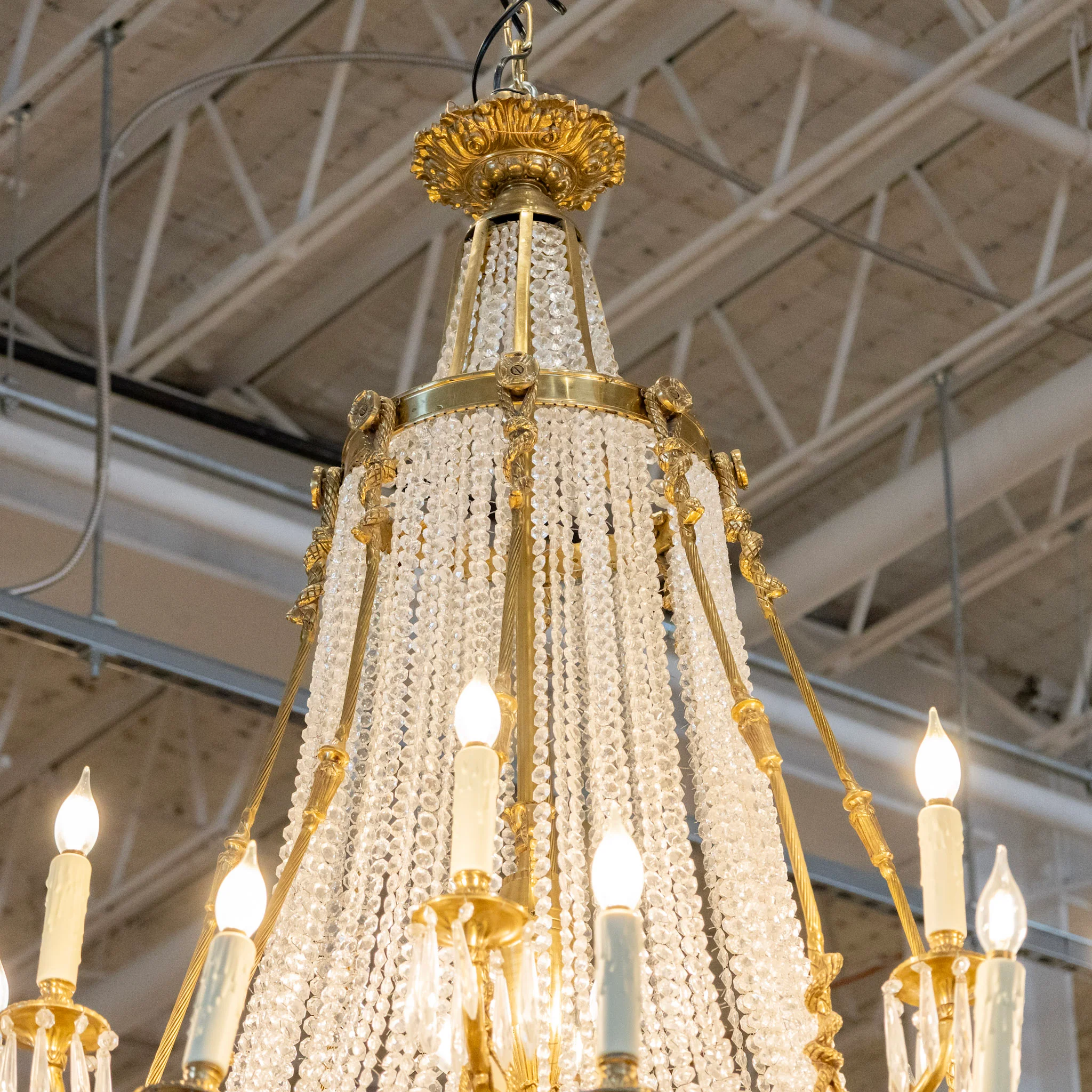 Grand French Empire Basket Brass Chandelier – Serpentine Frame & Beaded Crystal with Icicle Drops - Image 7