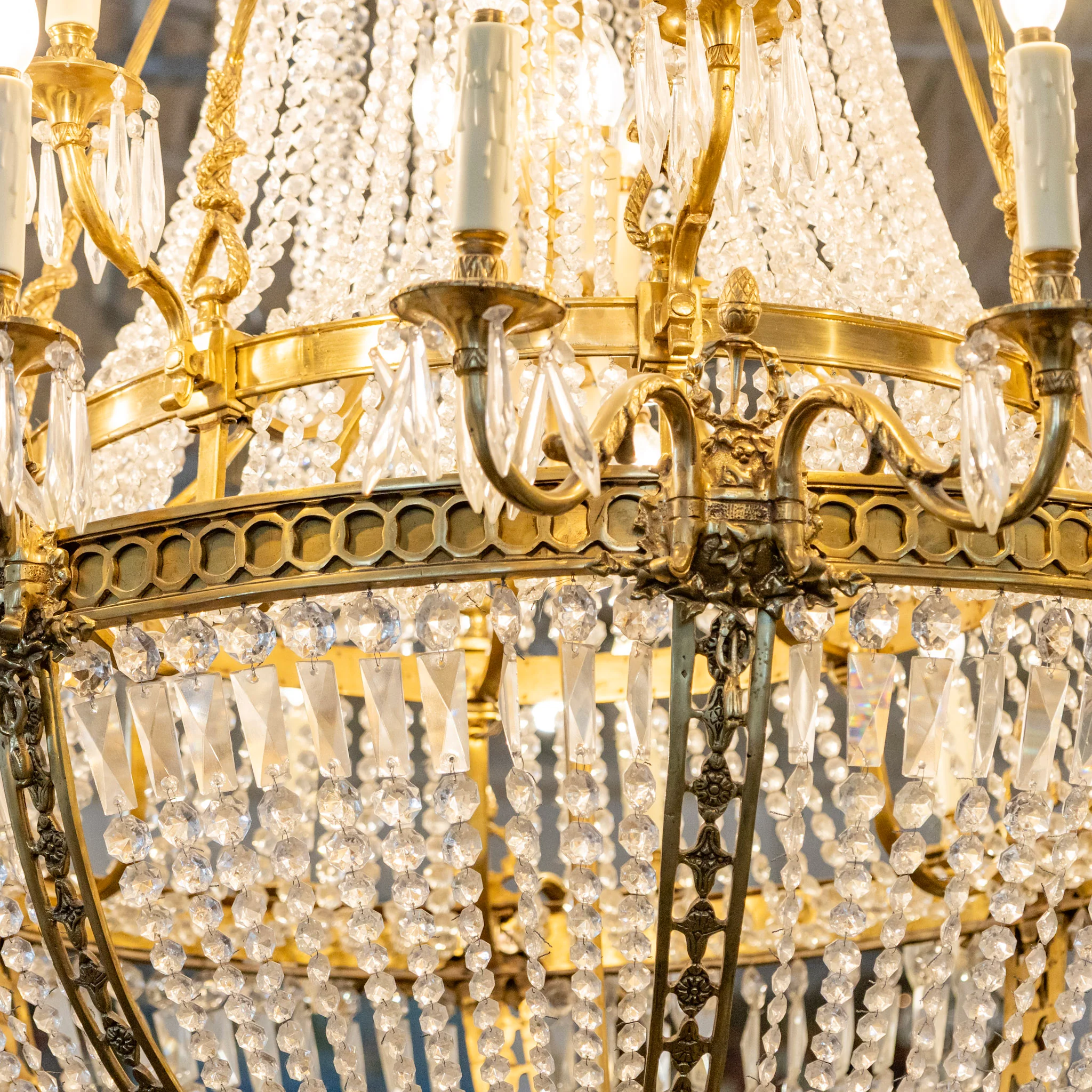 Grand French Empire Basket Brass Chandelier – Serpentine Frame & Beaded Crystal with Icicle Drops - Image 8
