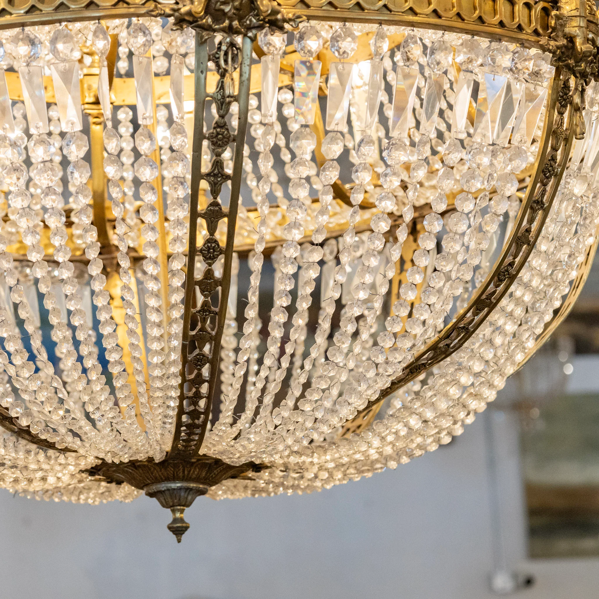 Grand French Empire Basket Brass Chandelier – Serpentine Frame & Beaded Crystal with Icicle Drops - Image 9