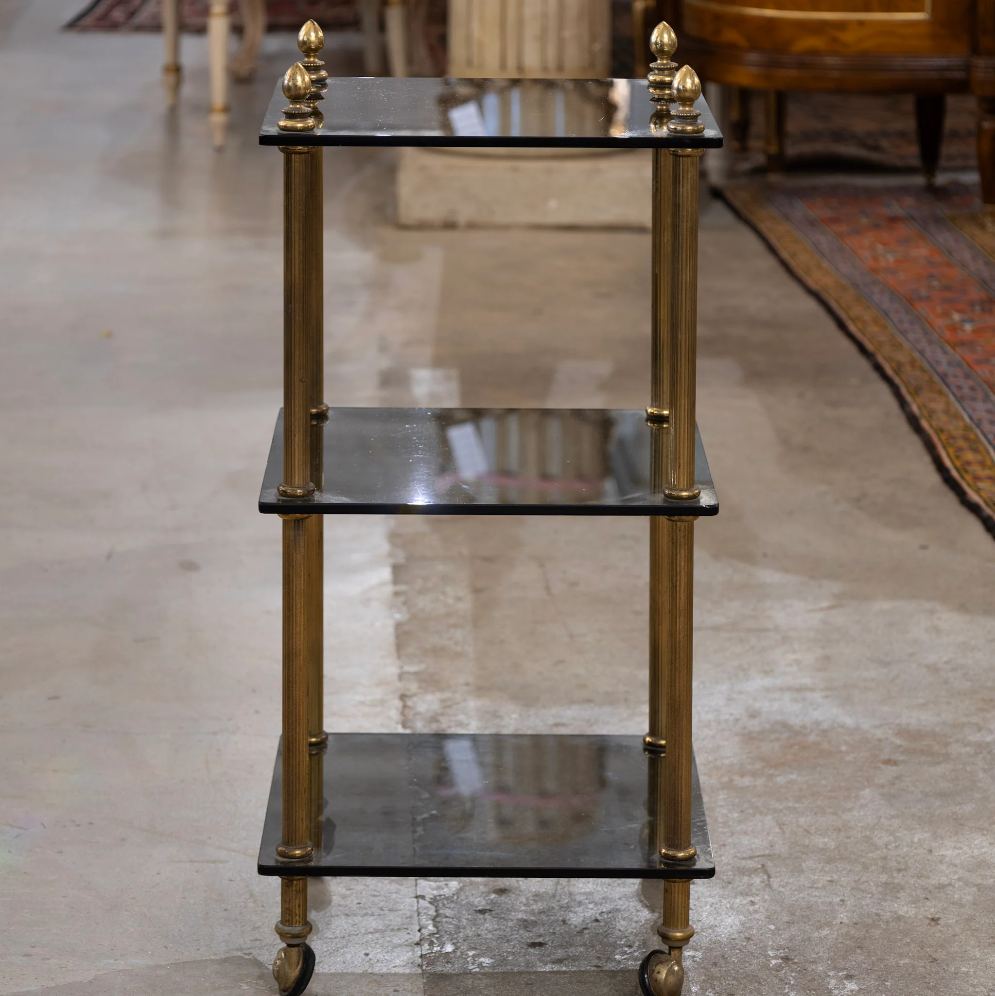 3-Tier Glass Shelf –  Brass Fluted Rolling Display - Image 2