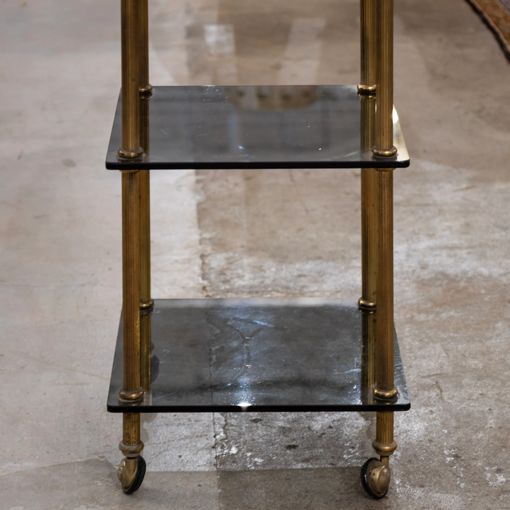 3-Tier Glass Shelf –  Brass Fluted Rolling Display - Image 4
