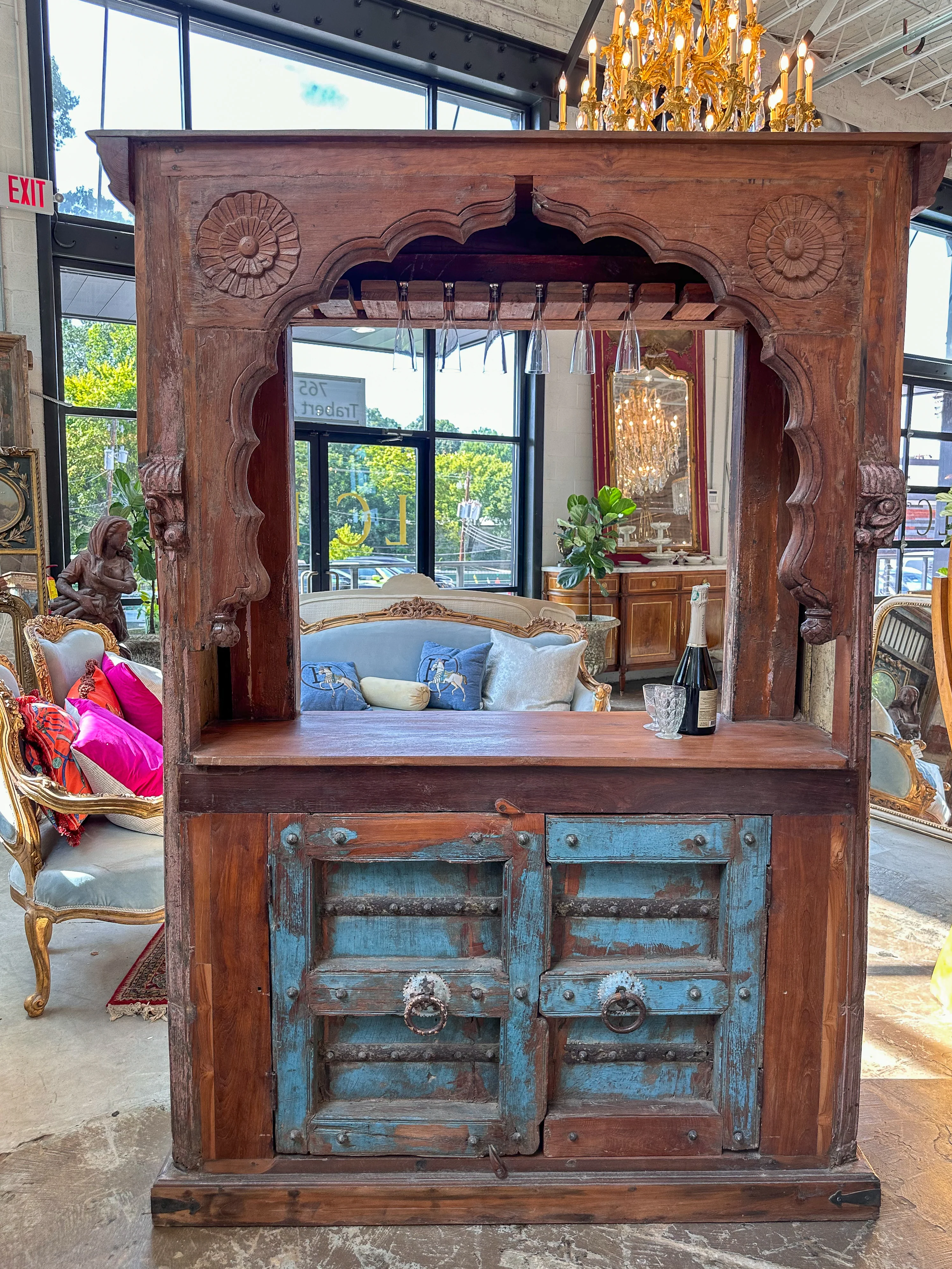 Original Condition French Antique Carved Teak Bar - Image 9