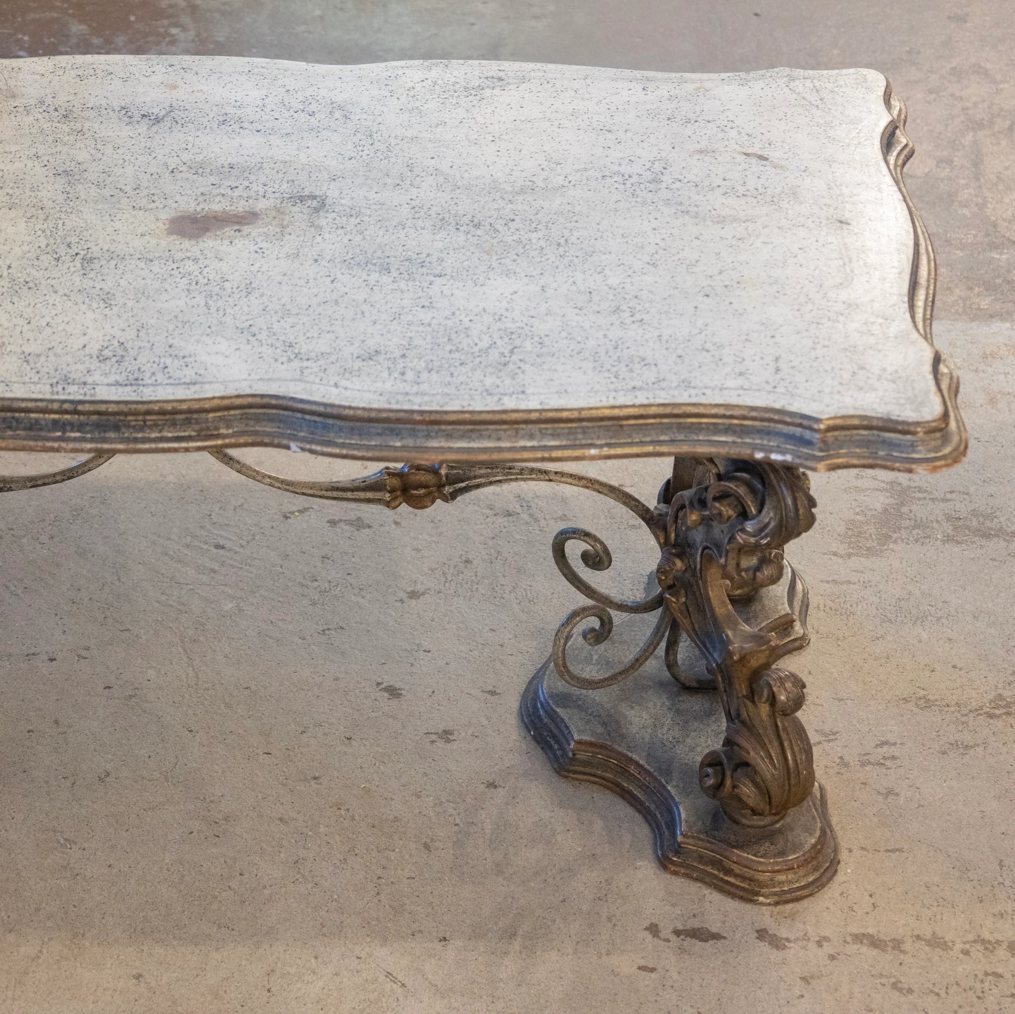 French Carved Coffee Table – Scroll Base & Faux Marble Top - Image 3